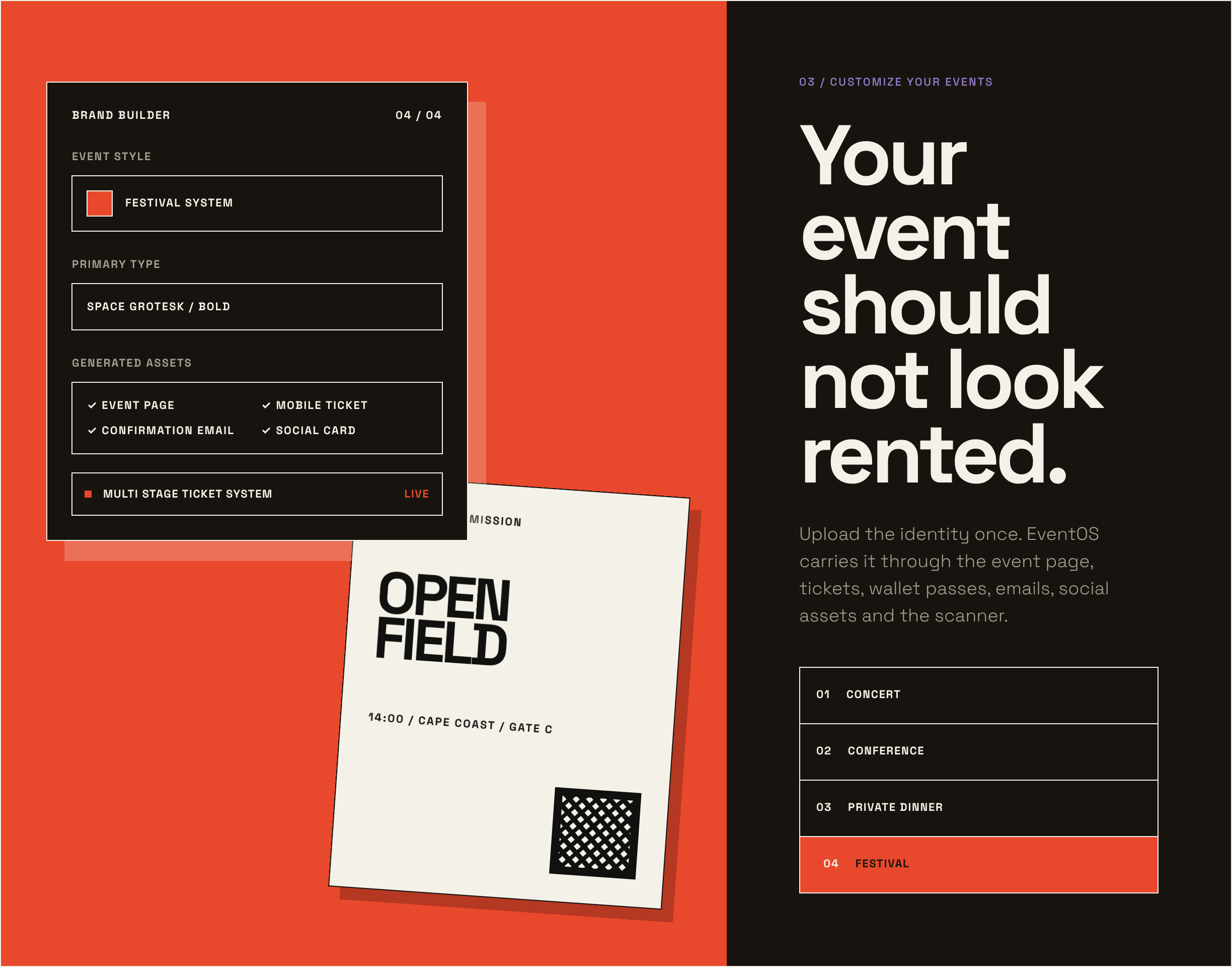 eventOS brand builder: a festival identity carried to the event page, mobile ticket and social card