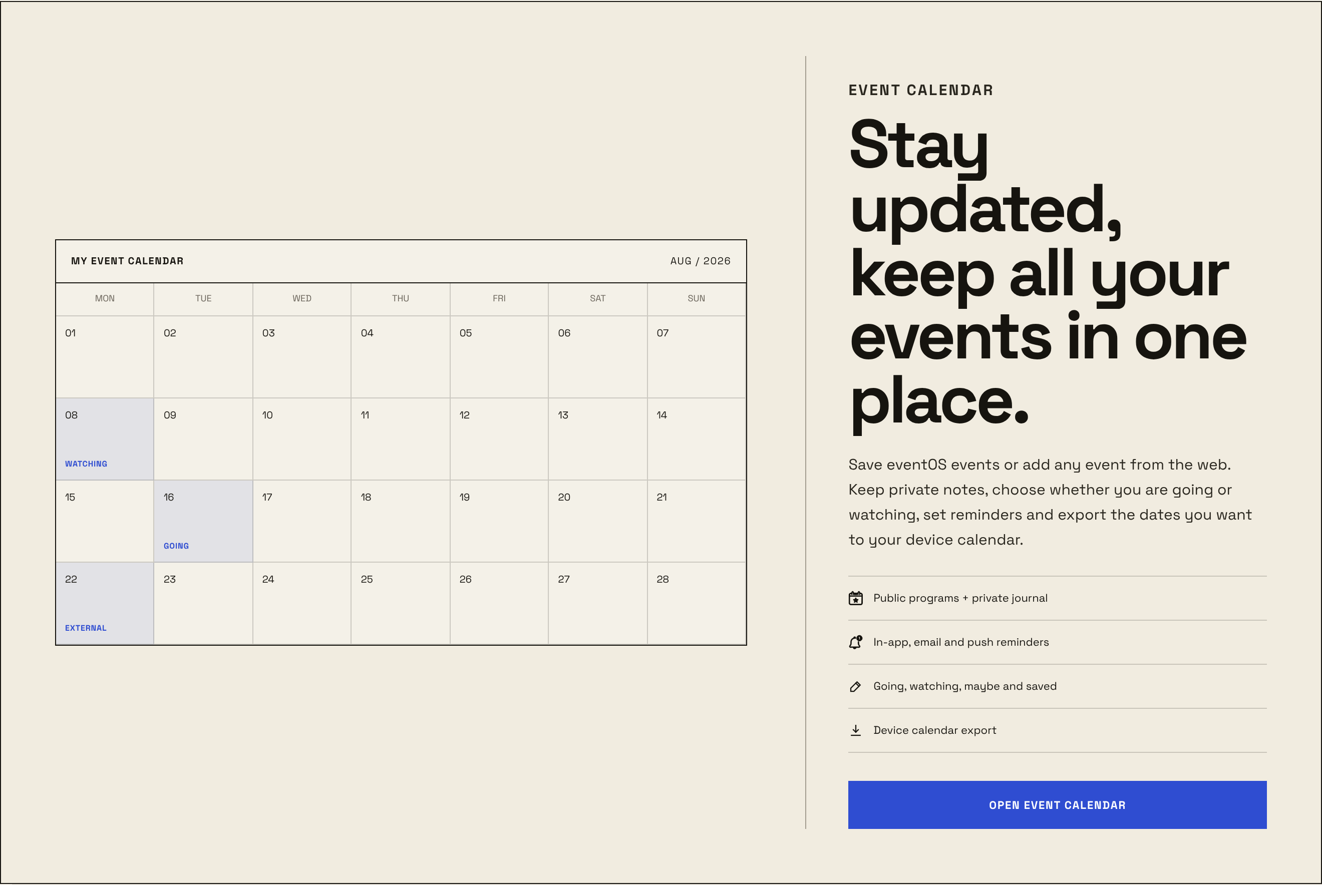 eventOS event calendar: a personal month with going, watching and external events, reminders and device export