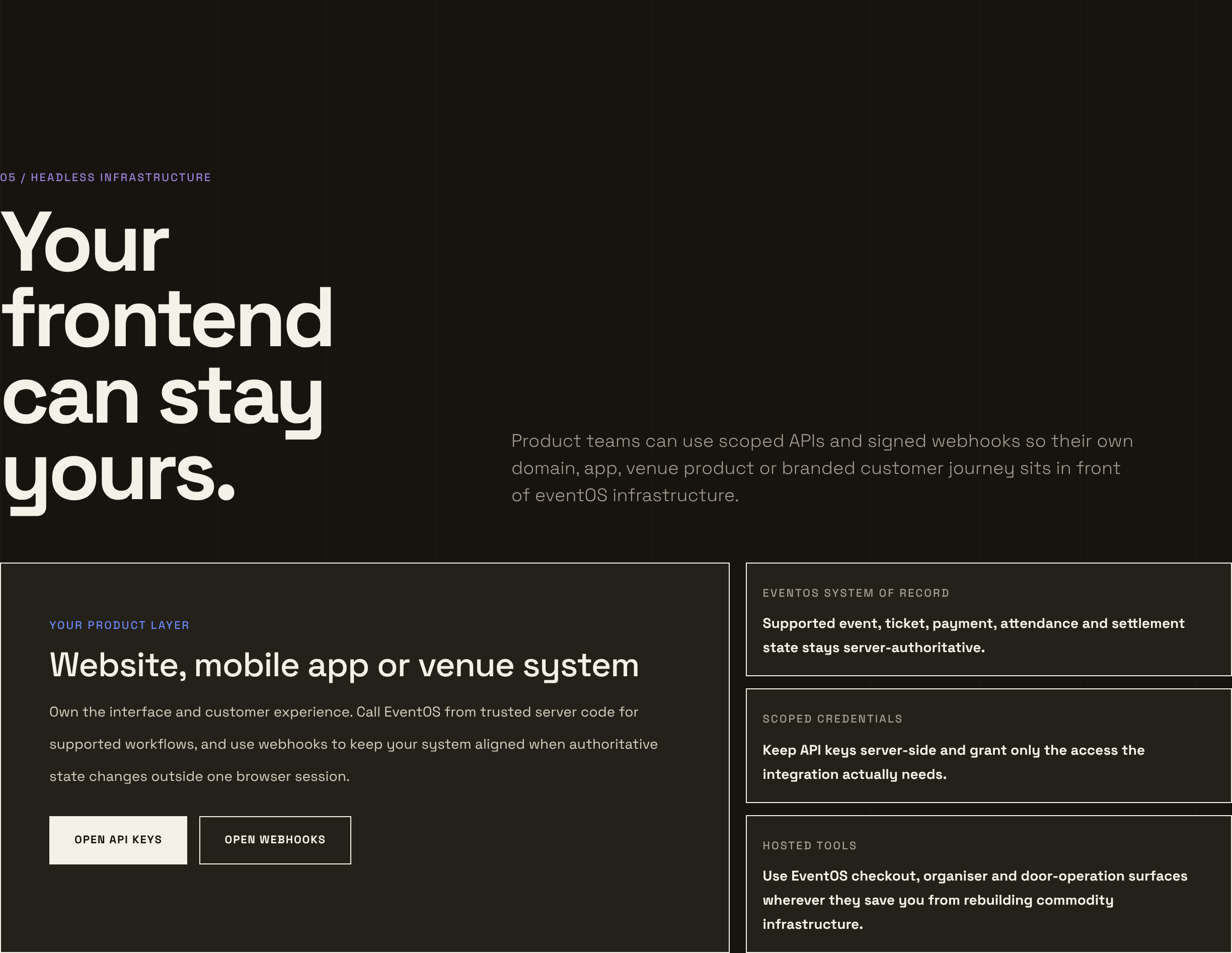 eventOS headless infrastructure: your frontend can stay yours, with scoped API keys and signed webhooks