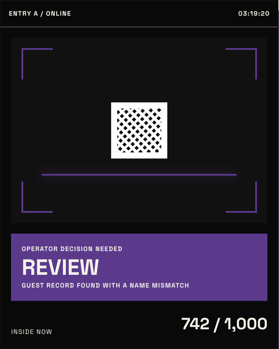 eventOS door scanner: manual review. Operator decision needed. Guest record found with a name mismatch.