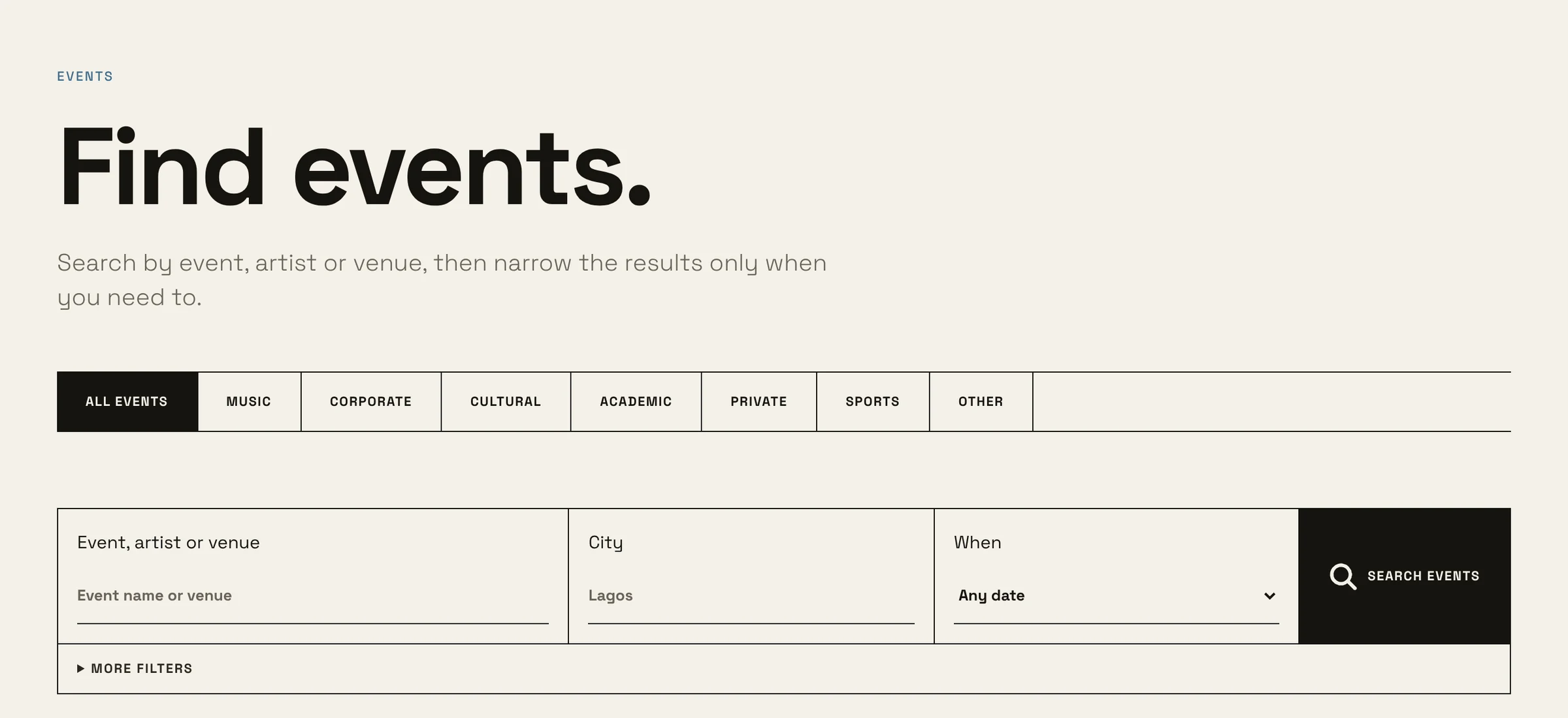 eventOS find events: search by event, artist or venue, filtered by category, city and date
