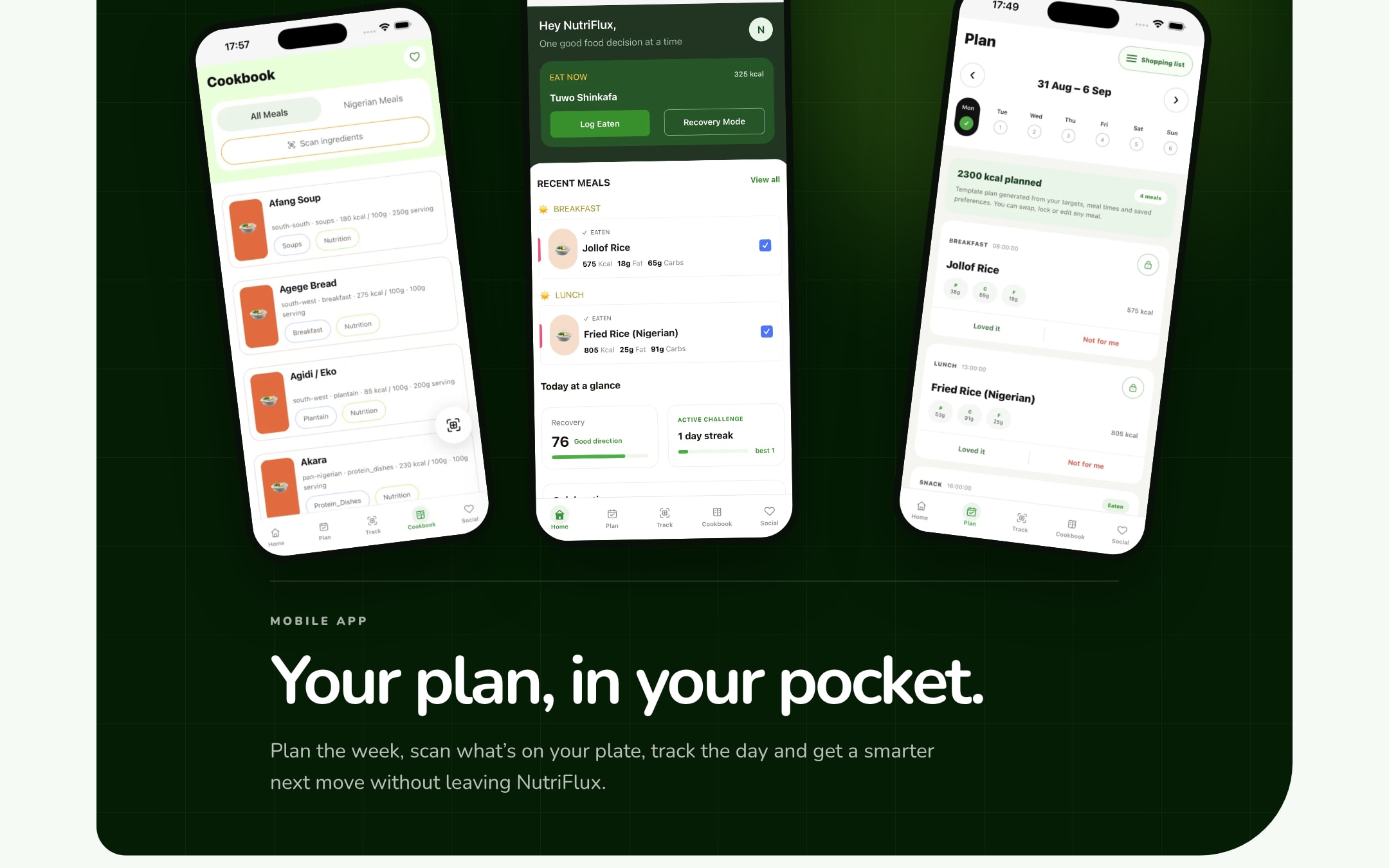 Nutriflux mobile app on the live site: cookbook, today and weekly plan screens