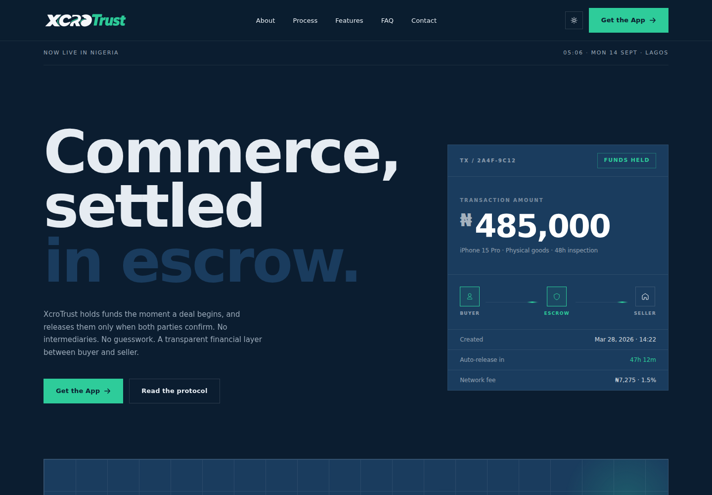 Live XcroTrust homepage showing the escrow commerce interface