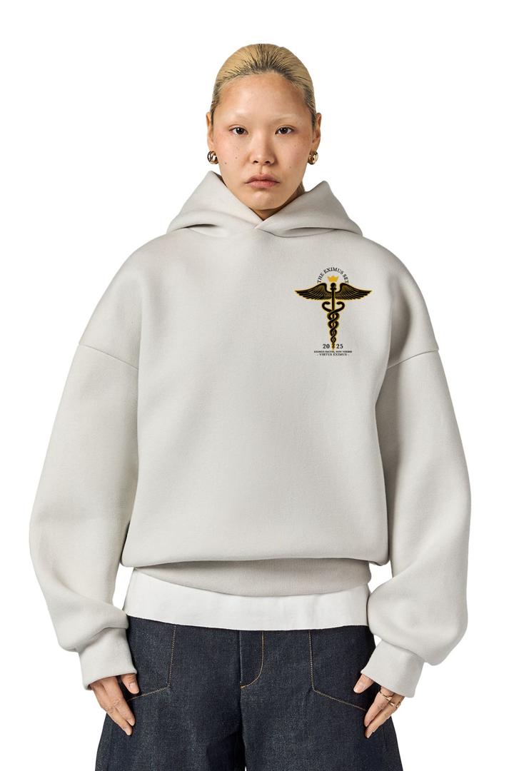 Eximius ’25 hoodie, white, caduceus crest on the left chest — worn