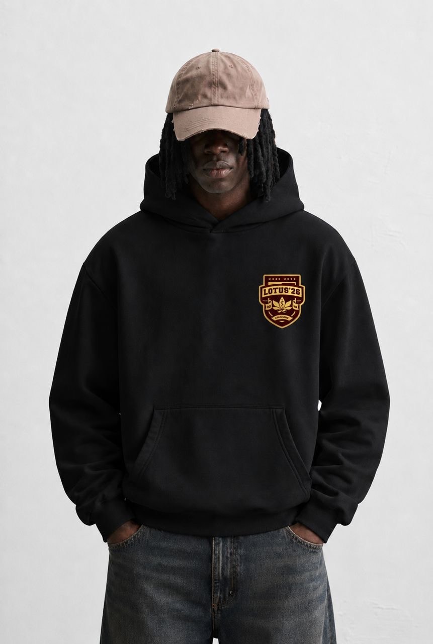 Lotus ’26 hoodie, black, chest: the LOTUS ’26 shield badge