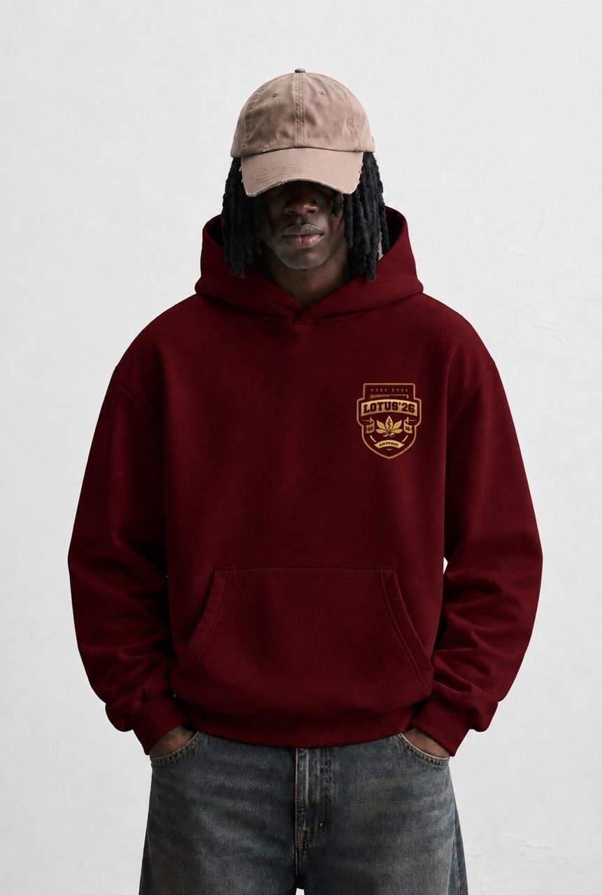 Lotus ’26 hoodie, maroon, chest: the LOTUS ’26 shield badge