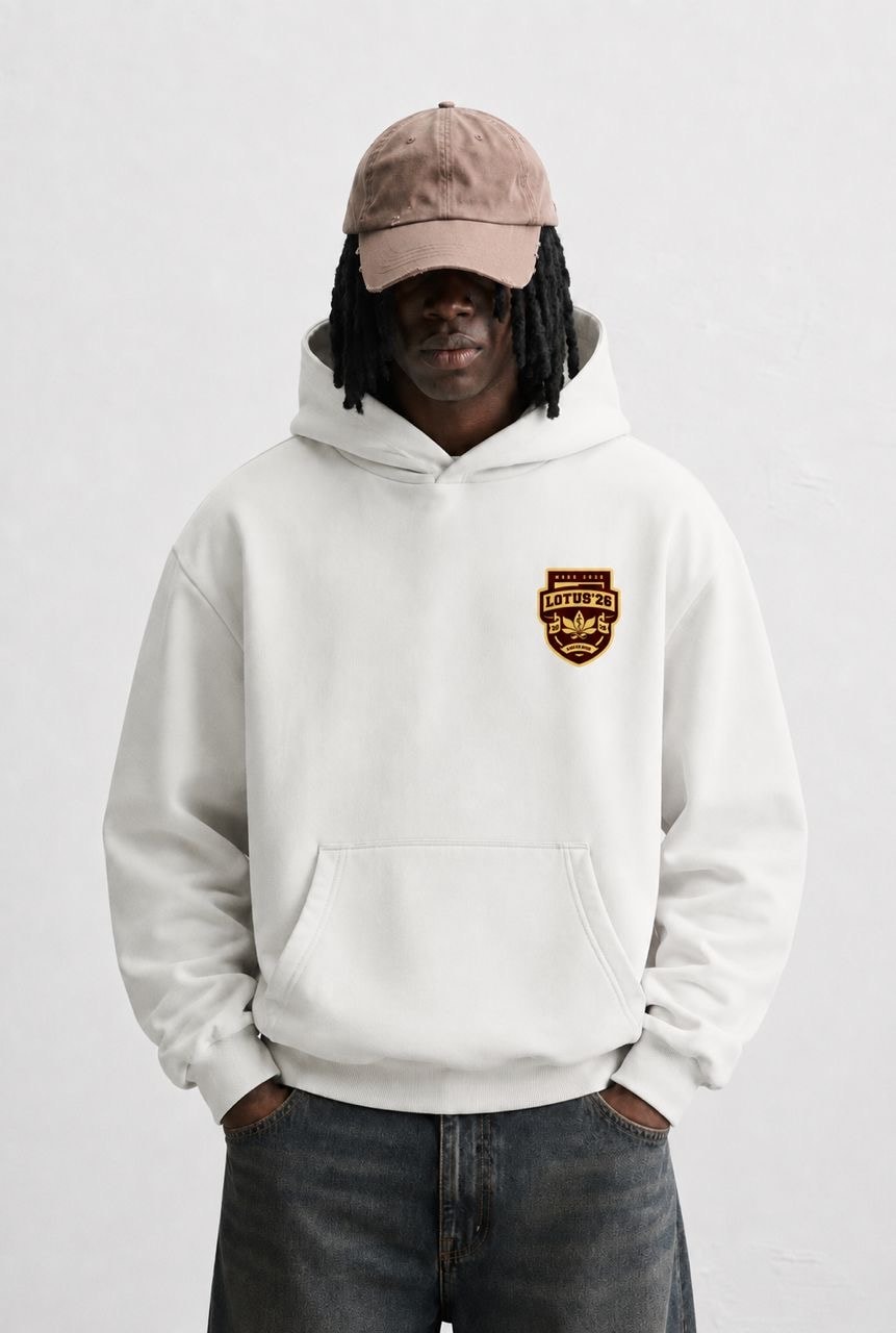 Lotus ’26 hoodie, white, chest: the LOTUS ’26 shield badge