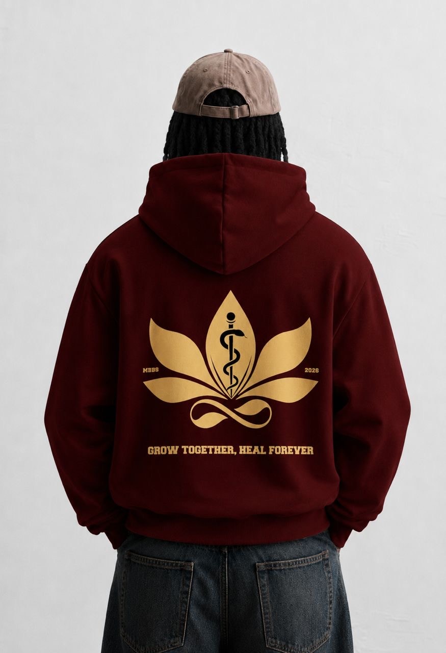 Lotus ’26 hoodie, maroon, back: the lotus and staff mark in gold, MBBS 2026