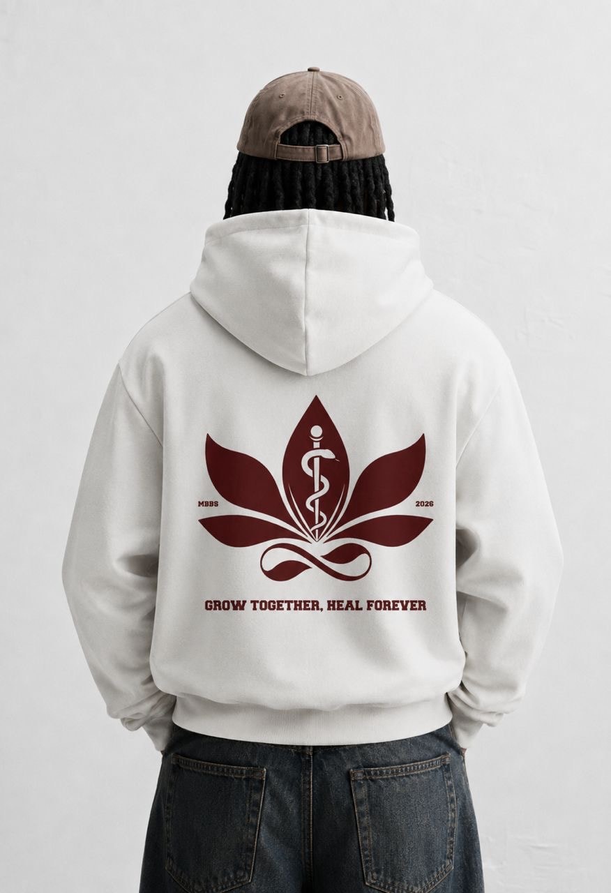 Lotus ’26 hoodie, white, back: the lotus and staff mark in maroon, MBBS 2026