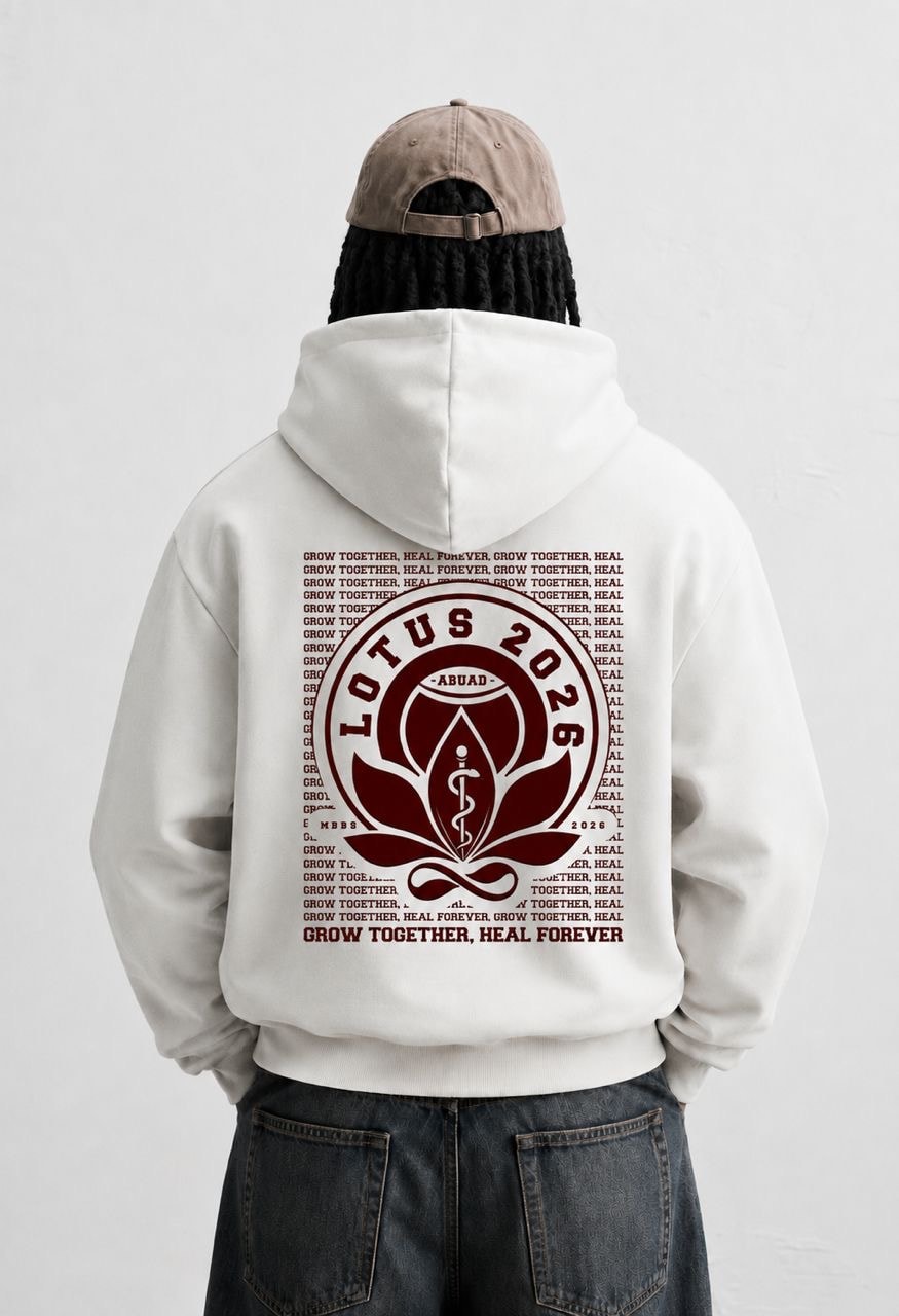 Lotus ’26 hoodie, white, back: the LOTUS 2026 ABUAD seal in maroon