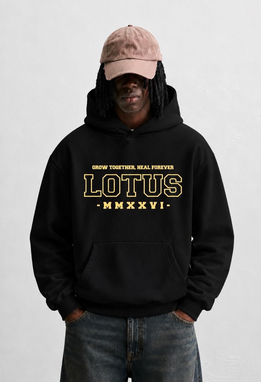 Lotus ’26 hoodie, black, front: LOTUS MMXXVI wordmark in gold