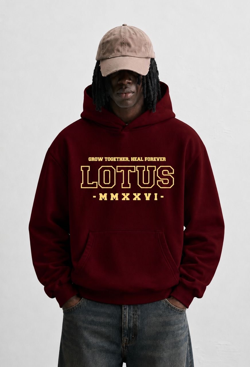 Lotus ’26 hoodie, maroon, front: “Grow together, heal forever”, LOTUS, MMXXVI