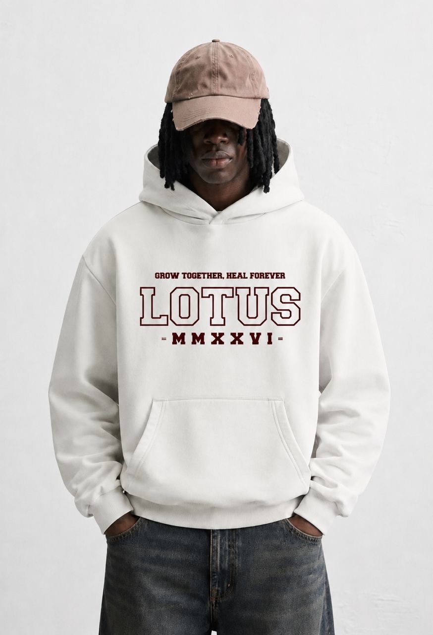 Lotus ’26 hoodie, white, front: LOTUS MMXXVI wordmark in maroon