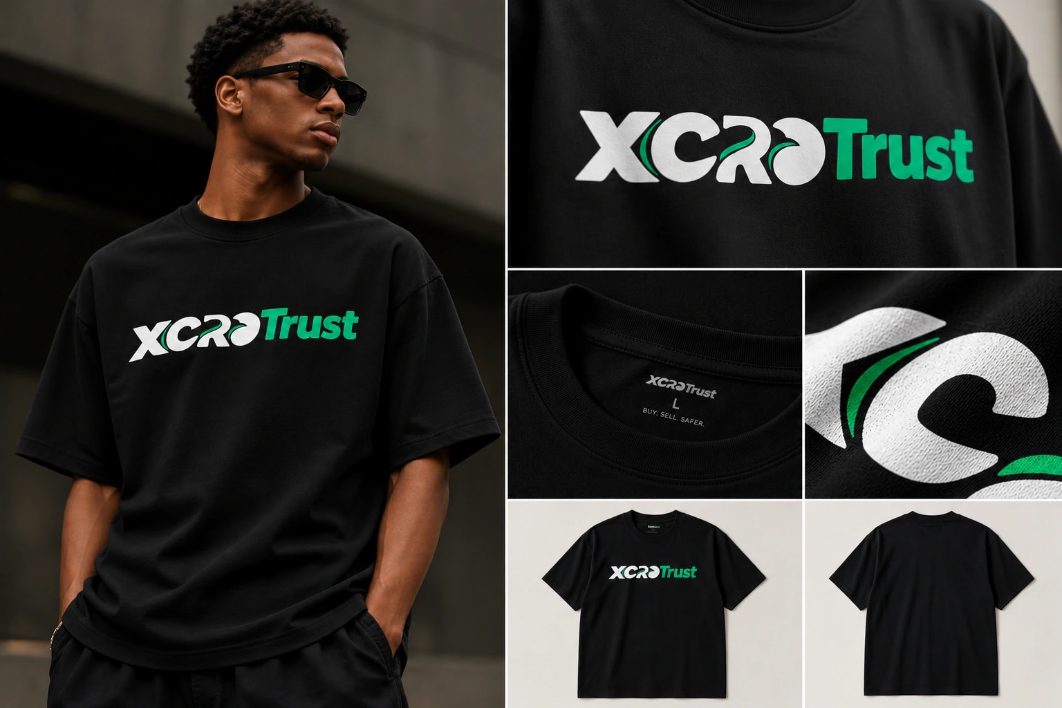 XcroTrust tee, black: worn, the wordmark in white and green, the neck label “Buy. Sell. Safer.”, a print close-up, and the flat front and back