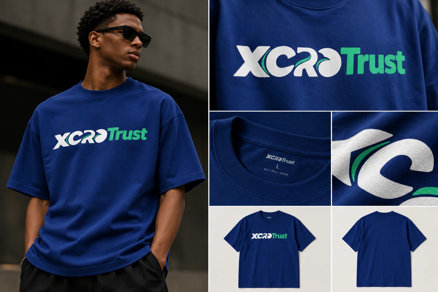 XcroTrust tee, royal blue: worn, the wordmark in white and green, the neck label “Buy. Sell. Safer.”, a print close-up, and the flat front and back