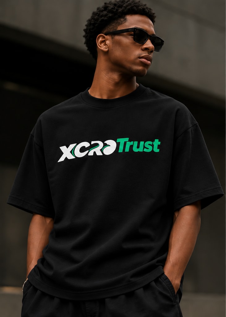 XcroTrust tee, black, XcroTrust wordmark across the chest — worn
