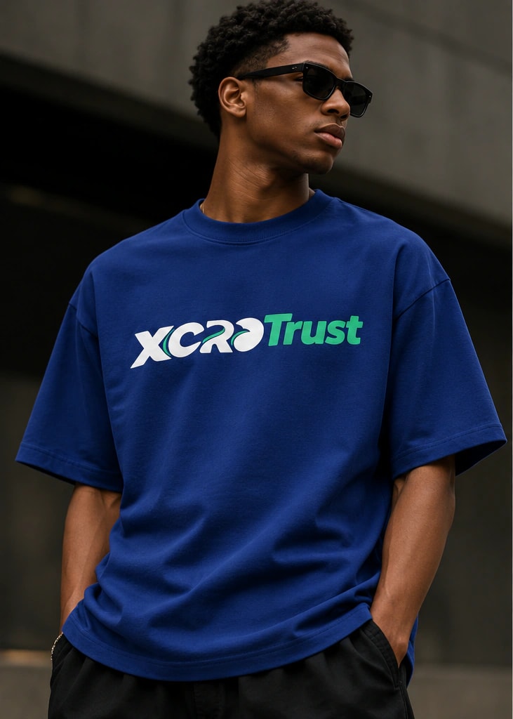 XcroTrust tee, royal blue, XcroTrust wordmark across the chest — worn