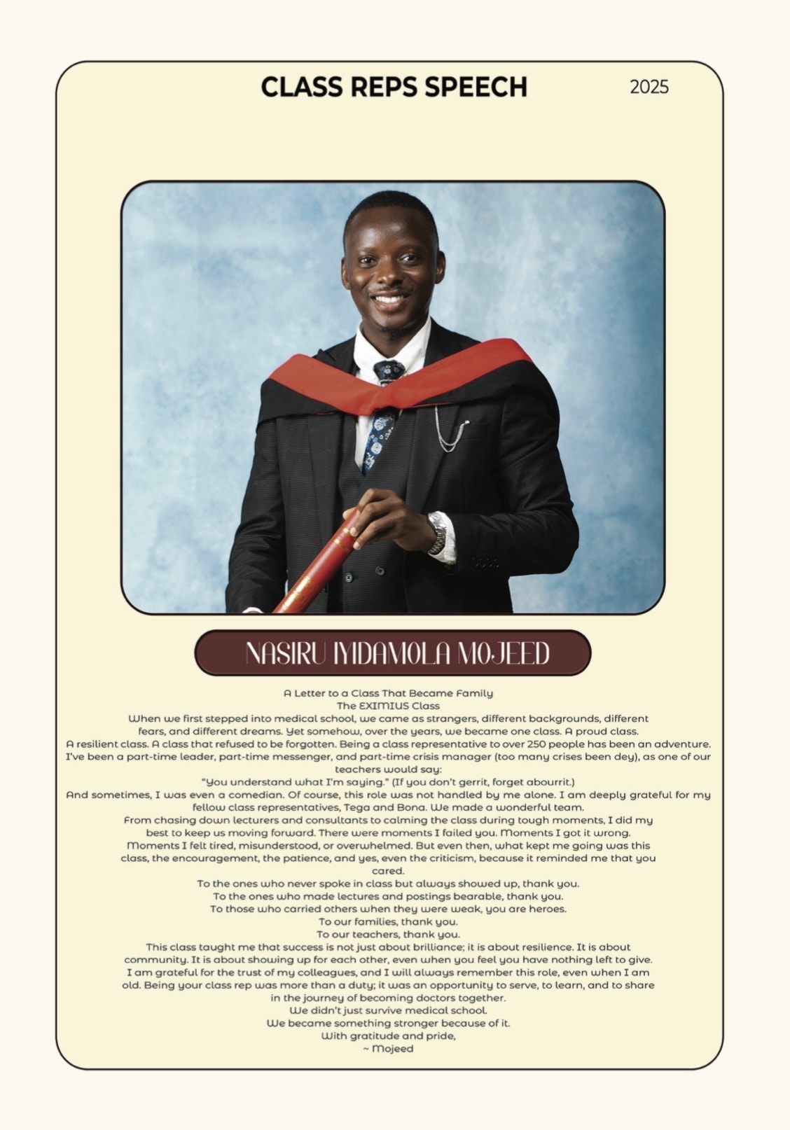 Eximius yearbook — the Class Rep’s speech: a portrait in academic hood, and his letter to the class