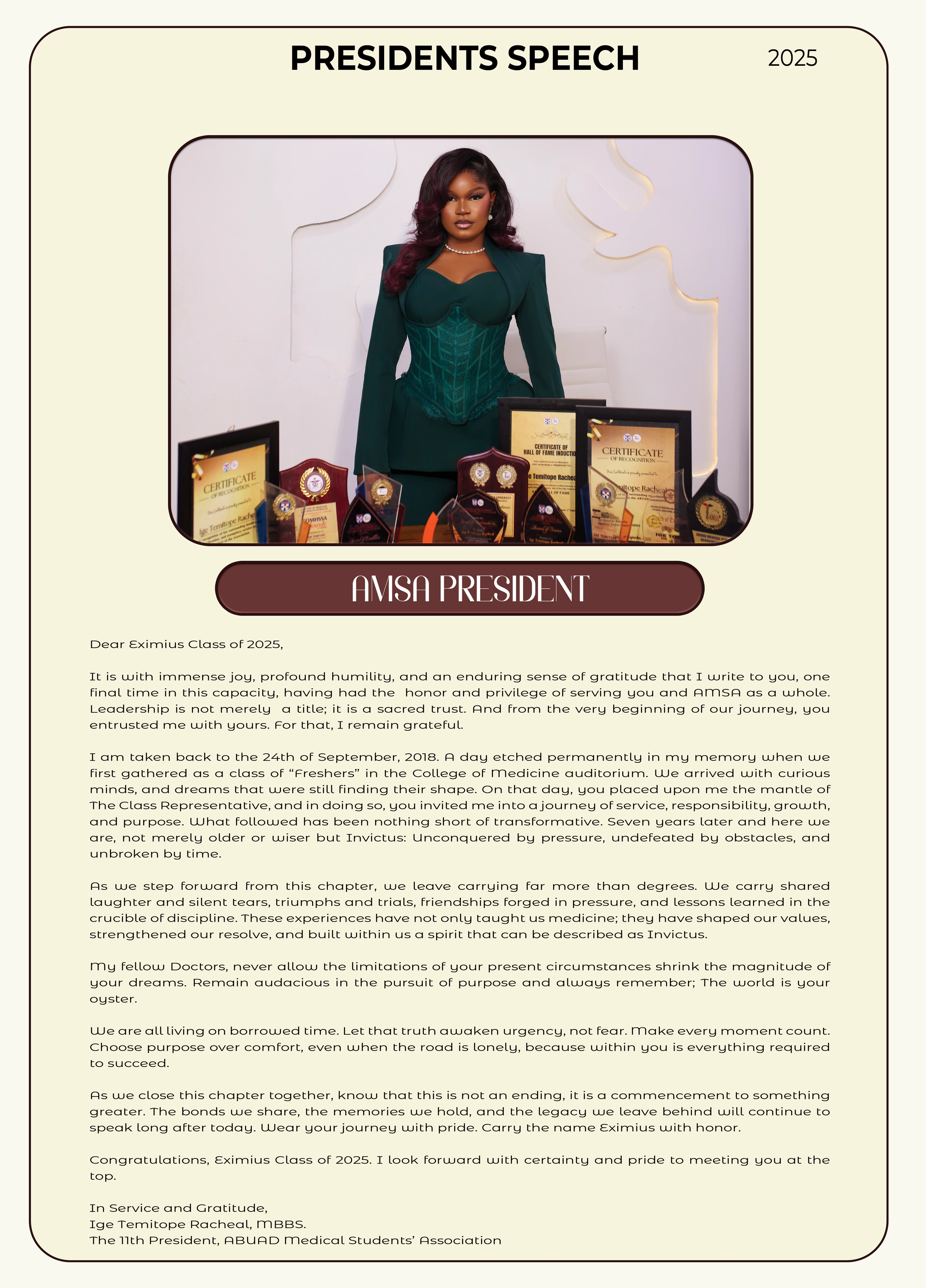 Eximius yearbook — the President’s speech: the AMSA president with her awards, and her letter to the class