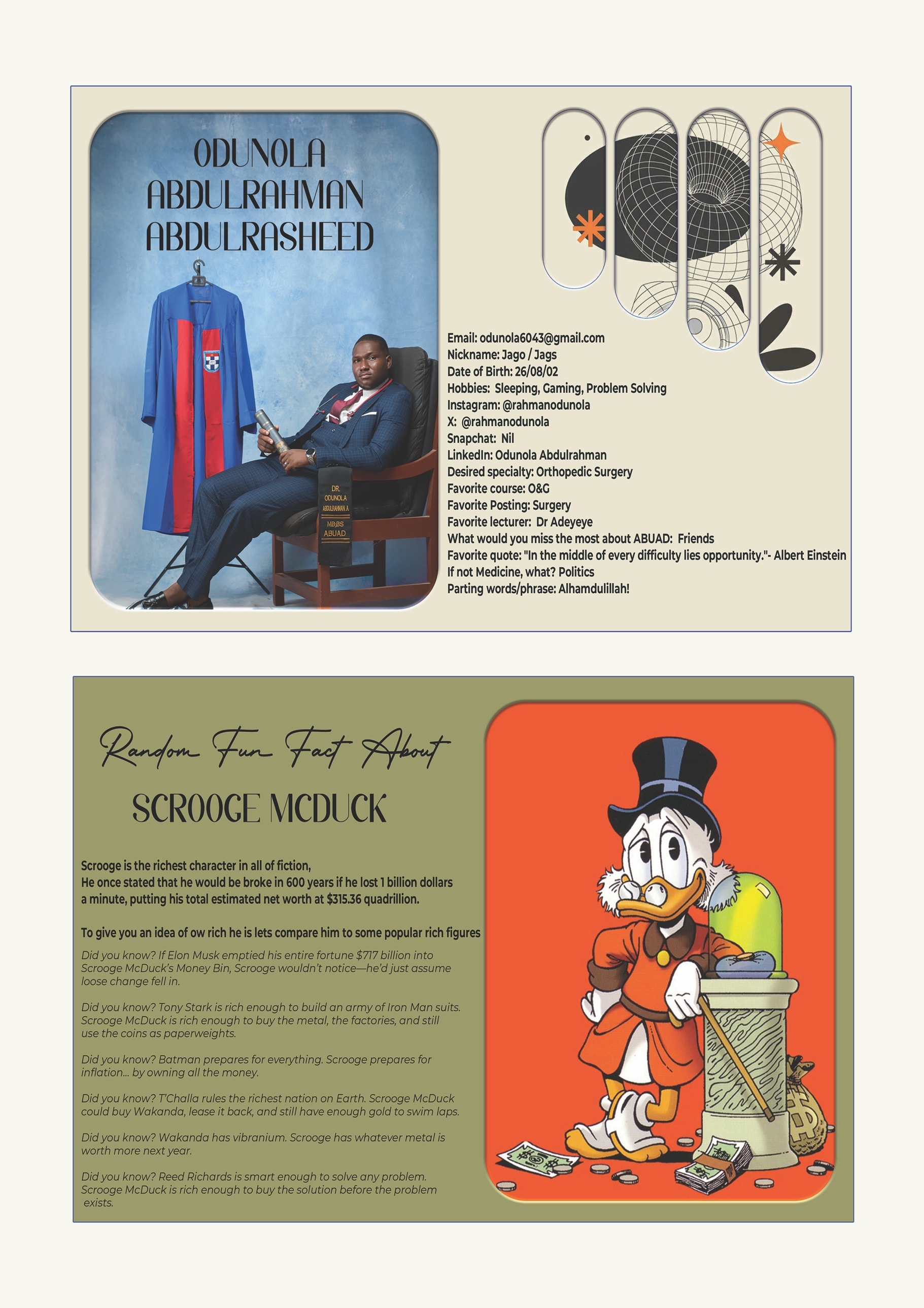 Eximius yearbook — a graduate’s profile page and a “Random Fun Fact About Scrooge McDuck” page