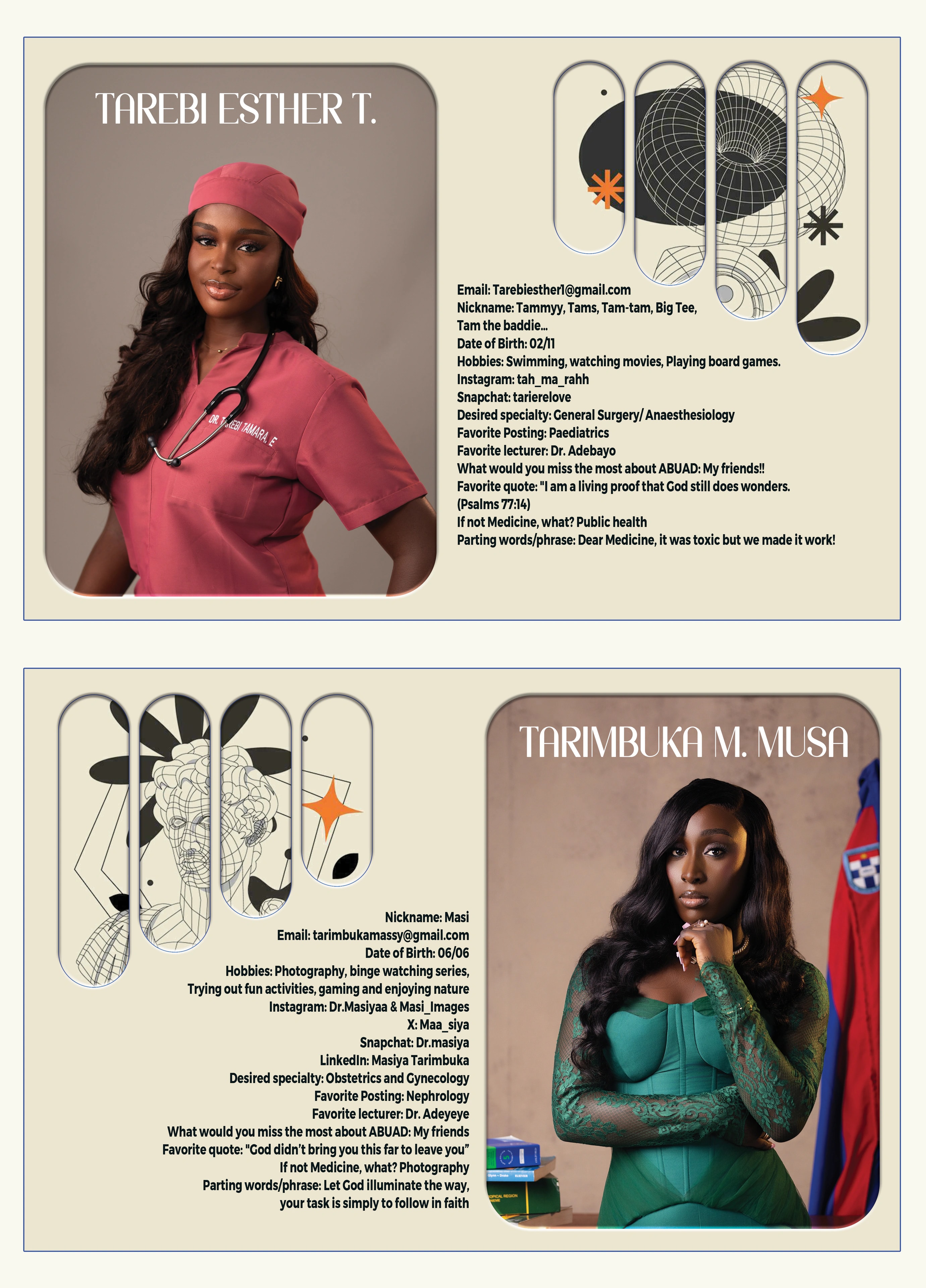 Eximius yearbook — profile pages: two graduates’ portraits and profiles, set against line-drawn panels