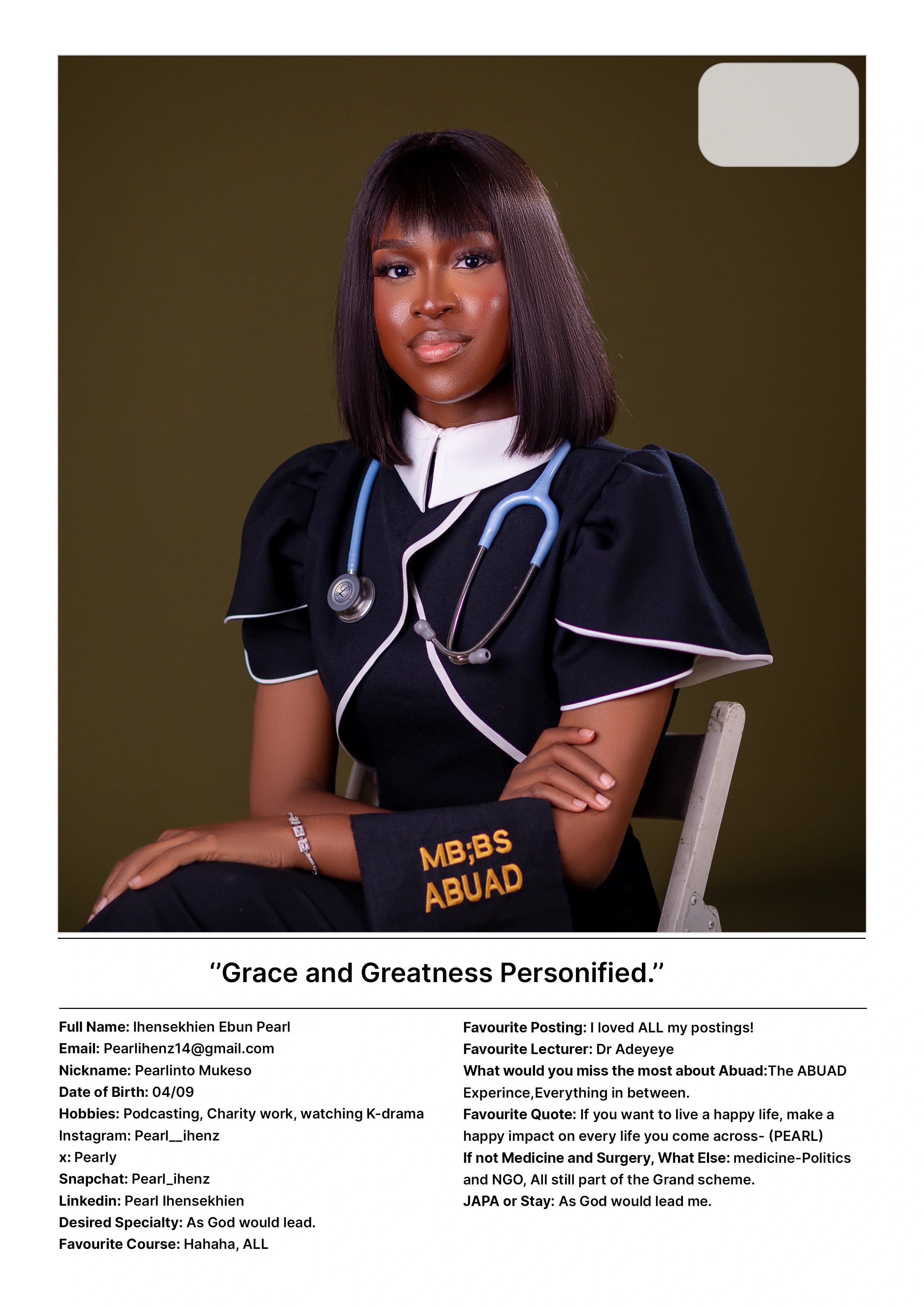 Fortis ’24 Yearbook — profile page: studio portrait in a black ward gown with a stethoscope, pull-quote “Grace and Greatness Personified.”