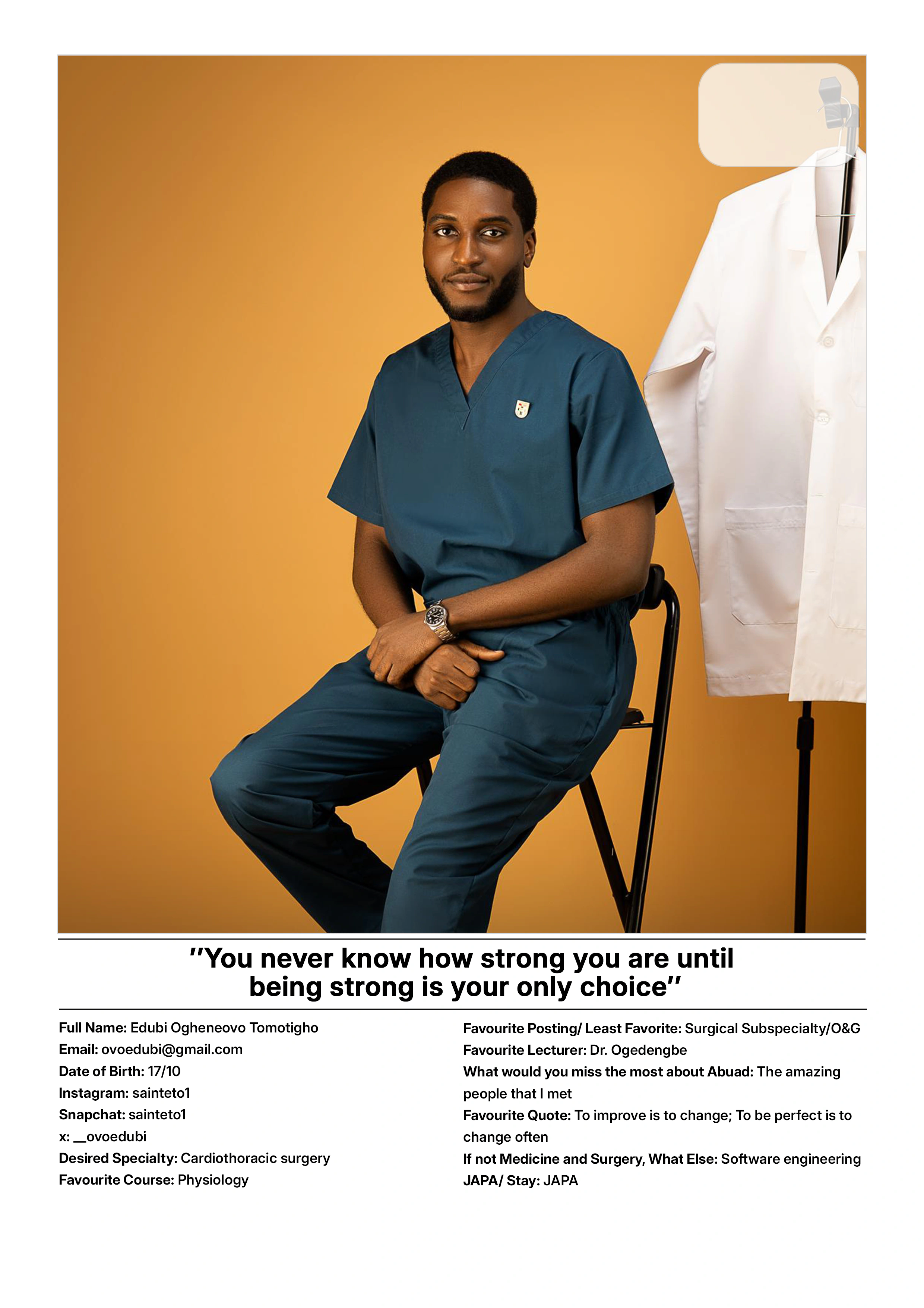 Fortis ’24 Yearbook — profile page: portrait in teal scrubs beside a white coat on an amber ground, pull-quote “You never know how strong you are until being strong is your only choice”