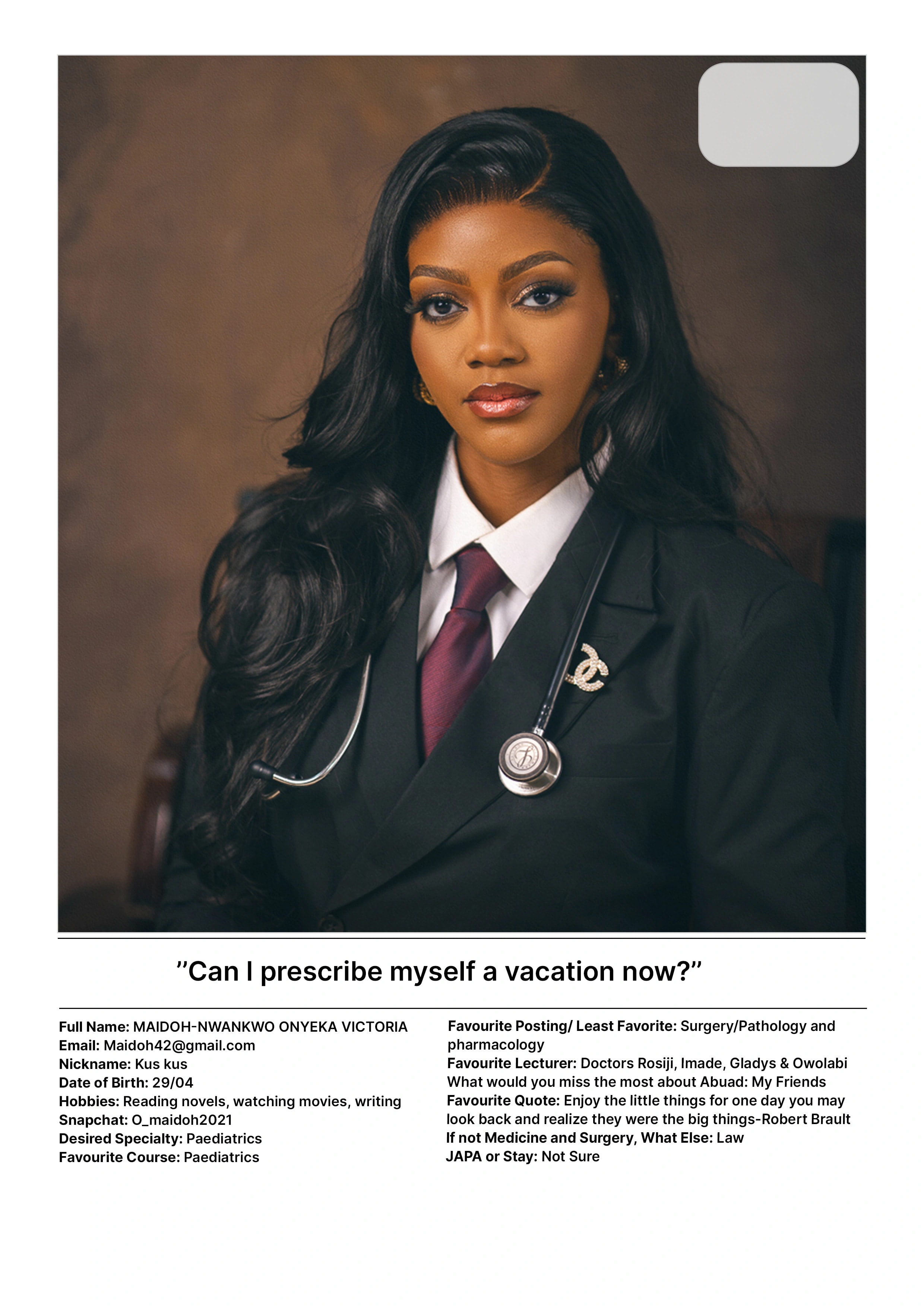 Fortis ’24 Yearbook — profile page: portrait in a black suit and burgundy tie with a stethoscope, pull-quote “Can I prescribe myself a vacation now?”