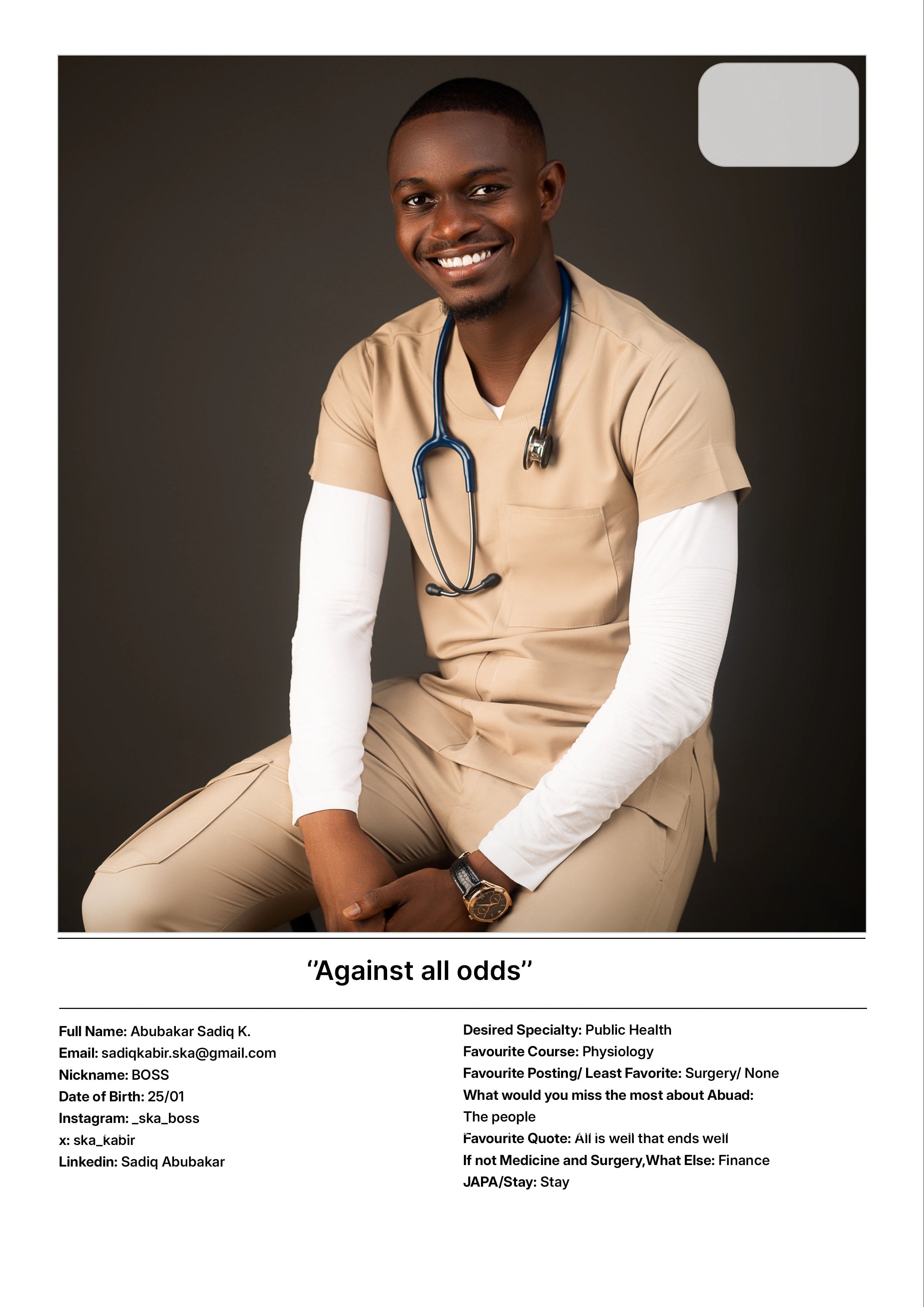Fortis ’24 Yearbook — profile page: portrait in sand scrubs with a stethoscope, pull-quote “Against all odds”