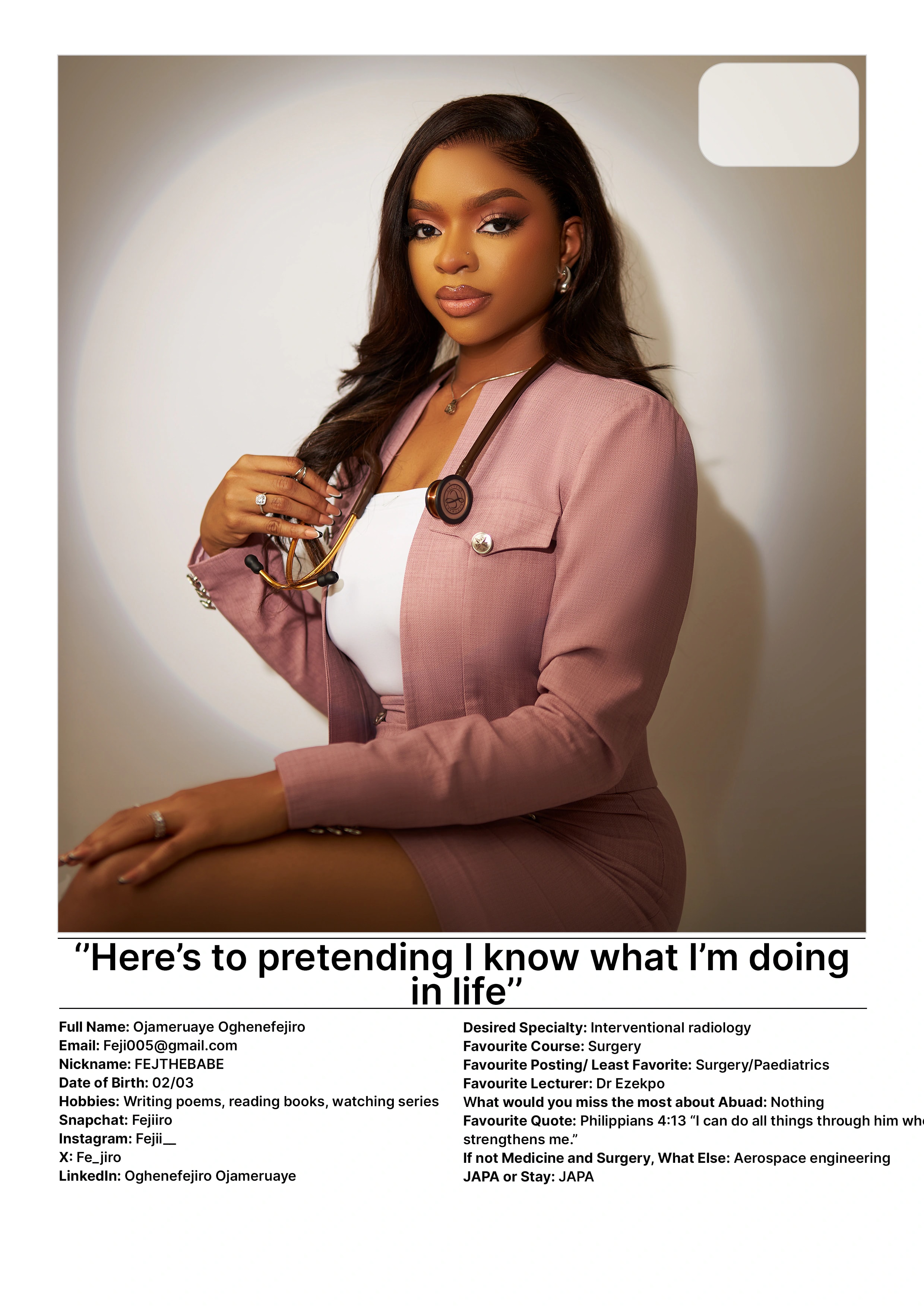 Fortis ’24 Yearbook — profile page: portrait in a rose suit holding a stethoscope, pull-quote “Here’s to pretending I know what I’m doing in life”
