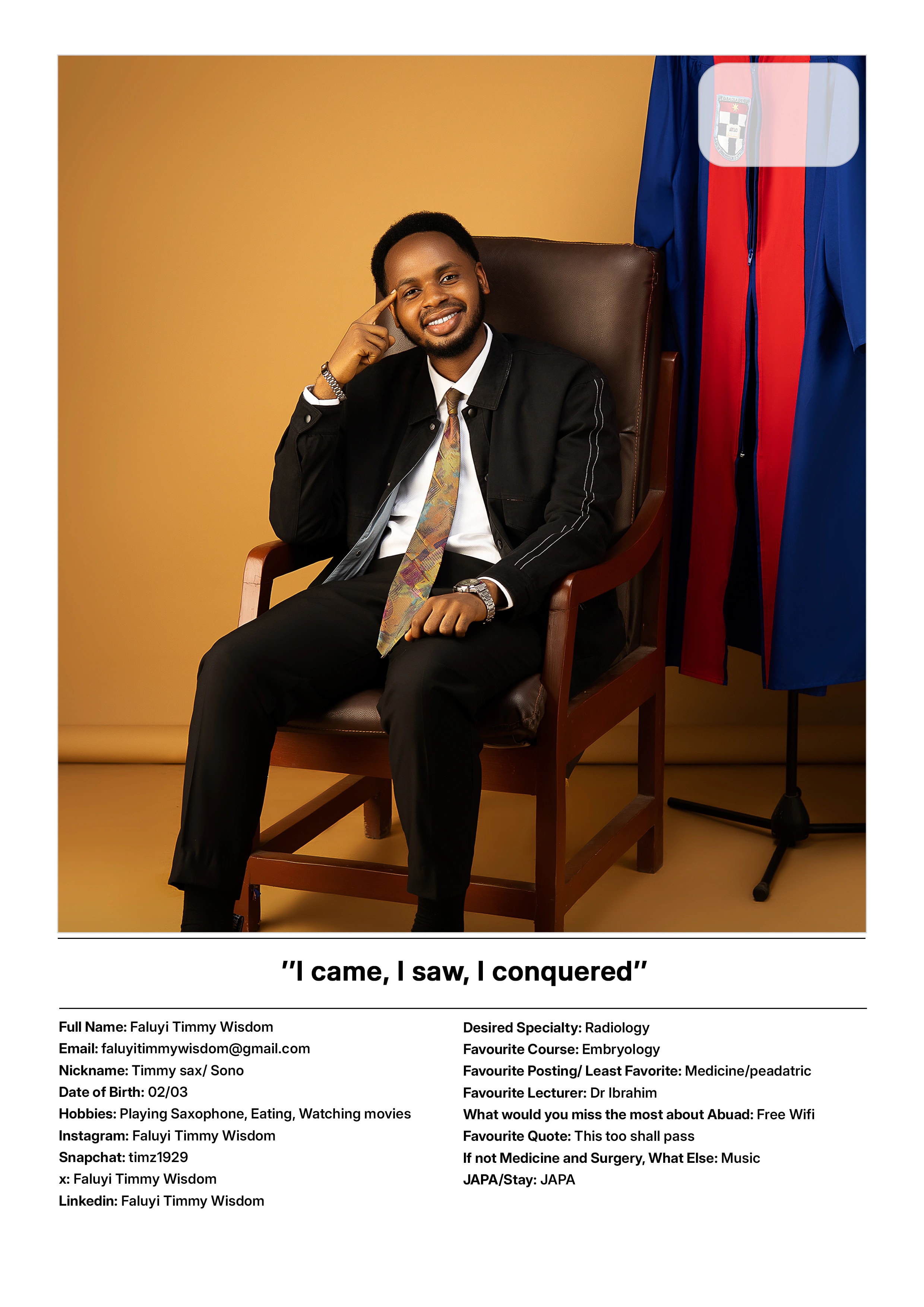 Fortis ’24 Yearbook — profile page: portrait in an armchair beside the ABUAD graduation gown, pull-quote “I came, I saw, I conquered”
