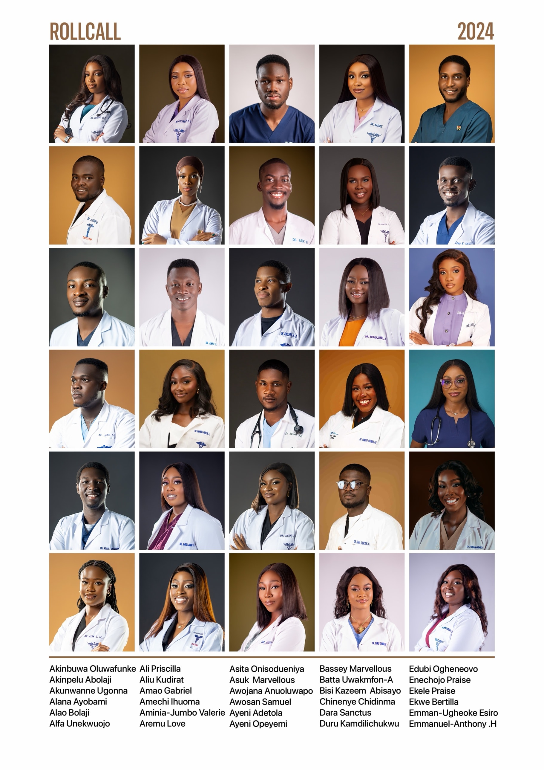 Fortis ’24 Yearbook — Rollcall 2024: thirty graduate portraits in white coats on coloured grounds, names listed beneath