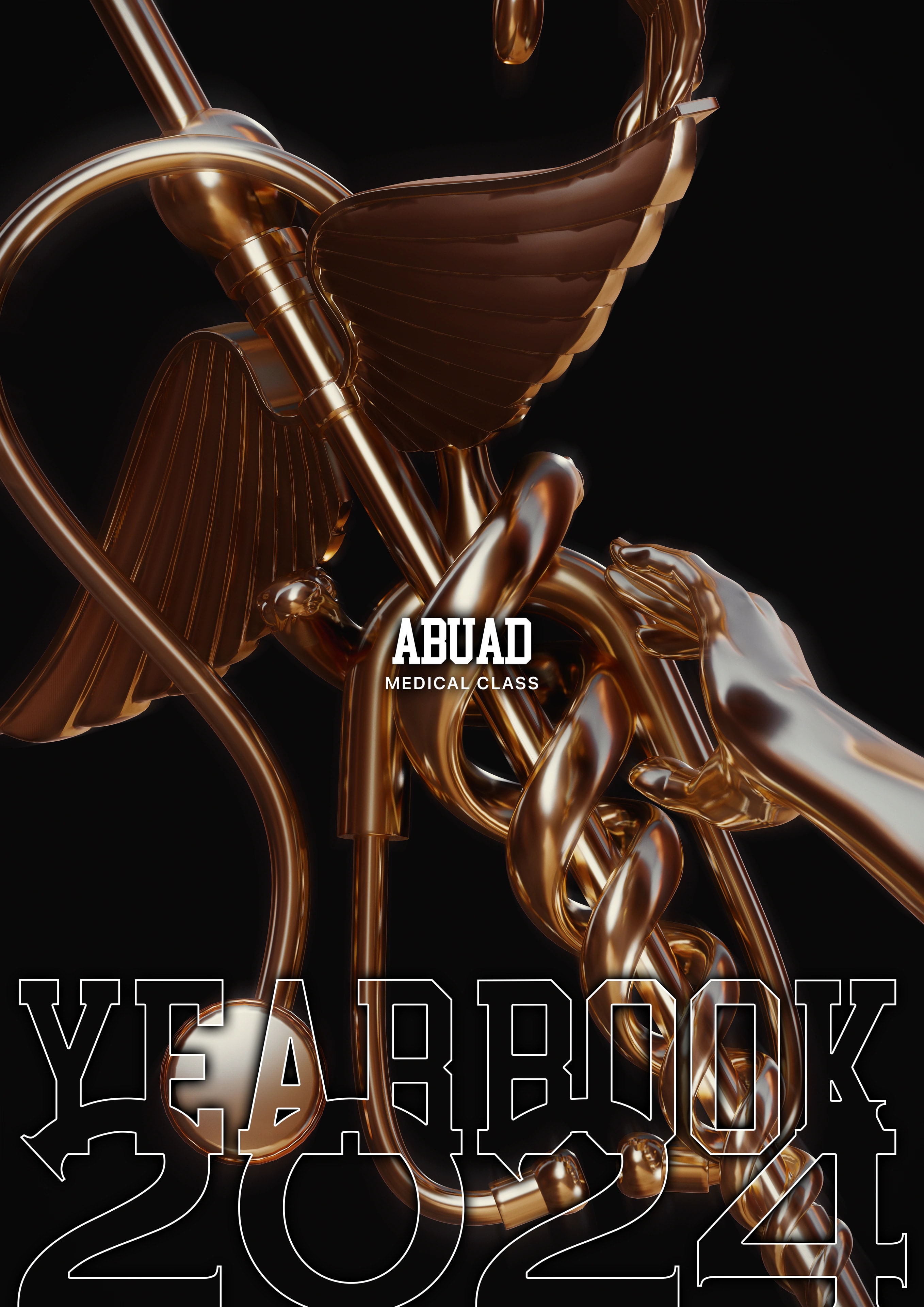 Fortis ’24 Yearbook — Yearbook 2024 cover: gold caduceus, wings and stethoscope; ABUAD Medical Class
