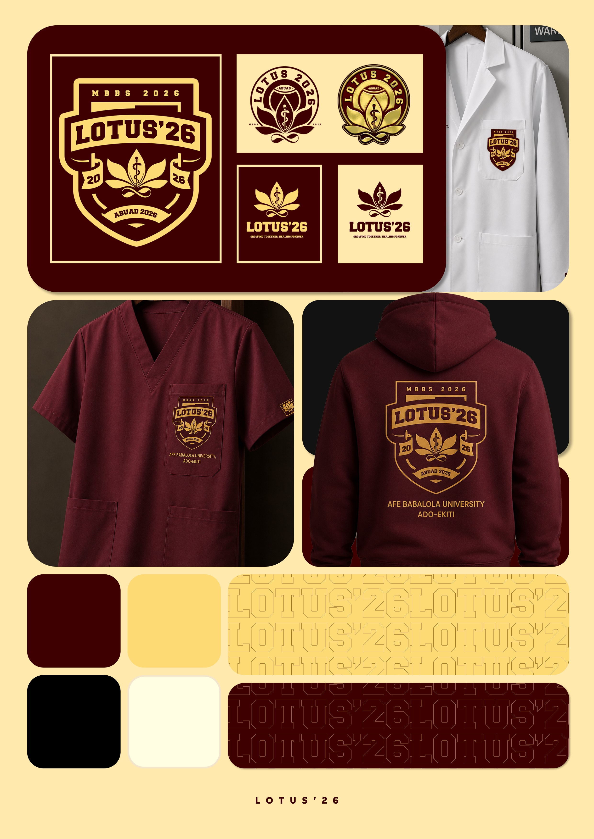 Lotus ’26 set branding board: crest, patches, garments and palette