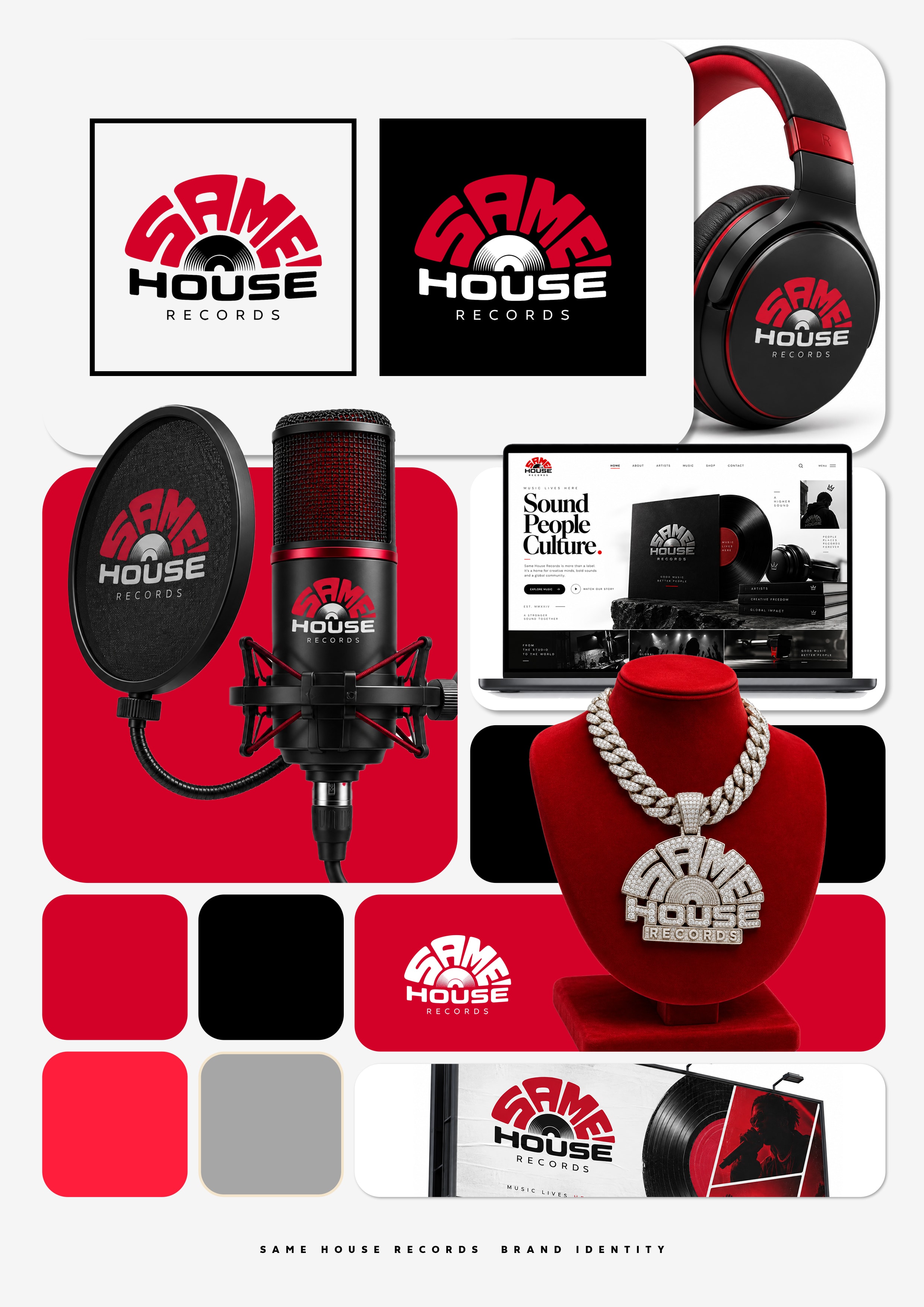 Same House Records brand board: wordmark, merchandise and studio applications
