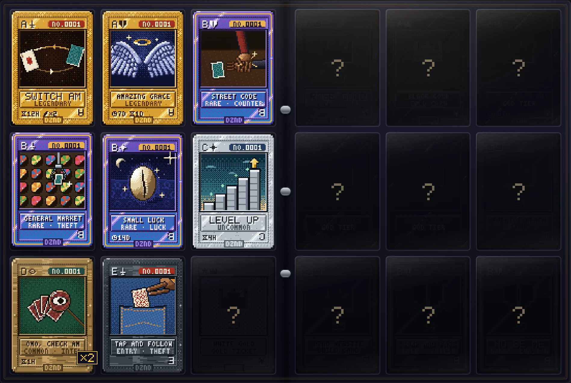 A page of the Binder: cards in their pockets, Legendary gold, Rare titanium, Uncommon silver, Common bronze; the cards not yet found are locked pockets with a question mark