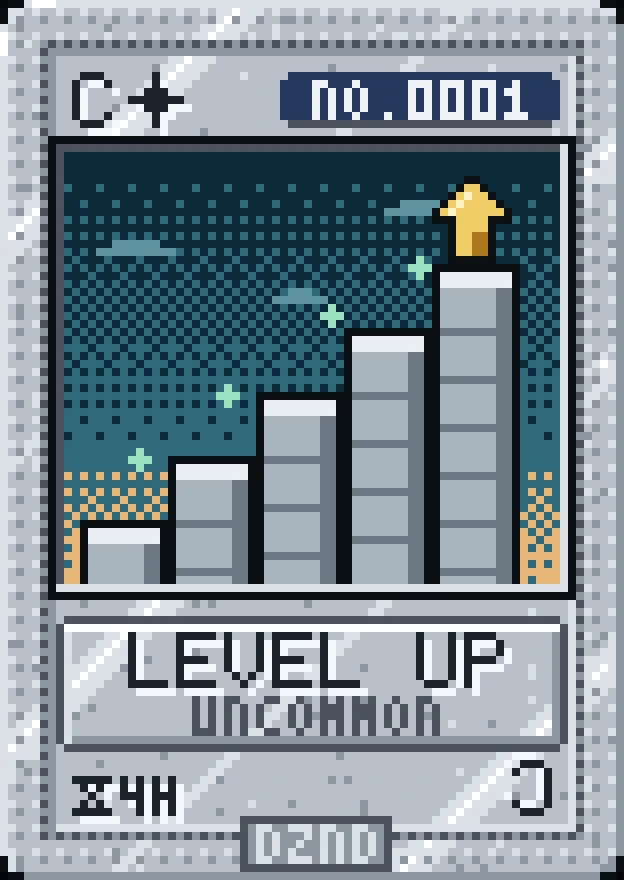 Level Up, a DZND PLAY card: uncommon · sterling silver, No. 0001