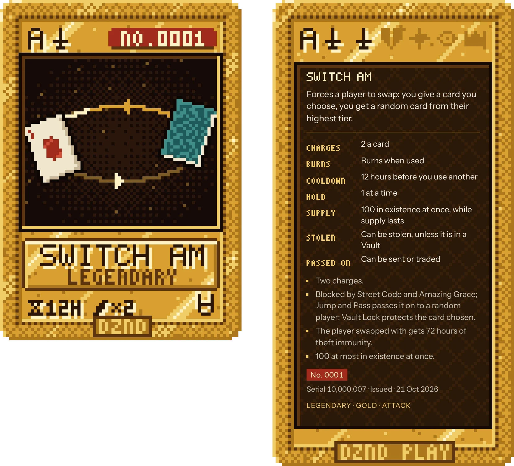Switch Am, Legendary, No. 0001: its face, and its back with what it does, its charges, cooldown, supply and whether it can be stolen or passed on