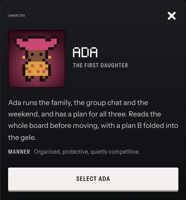 PLAY’s character profile for Ada, the first daughter: a tall gele, gold earrings, ankara