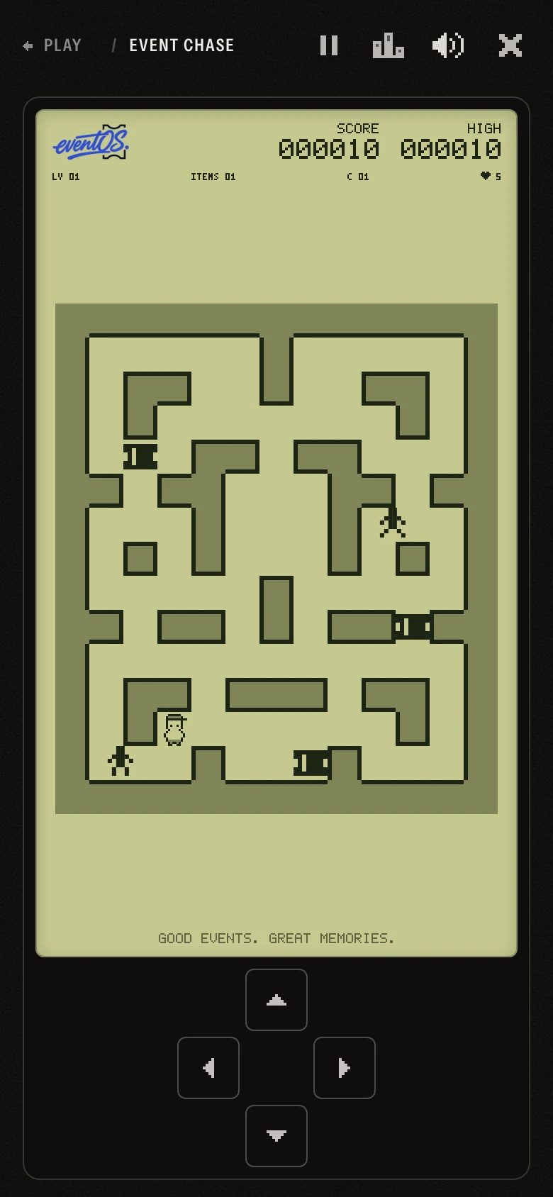 Event Chase: tickets on a maze, the crowd closing in, on an LCD screen