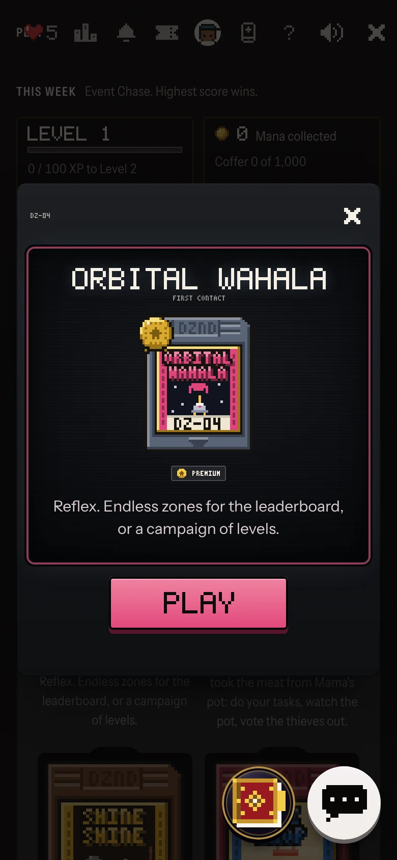 PLAY’s game intro for Orbital Wahala: the title, the cartridge, its line and the PLAY key