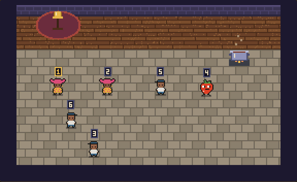 Mama’s compound in 8-bit: players’ Directors standing about the yard before a match