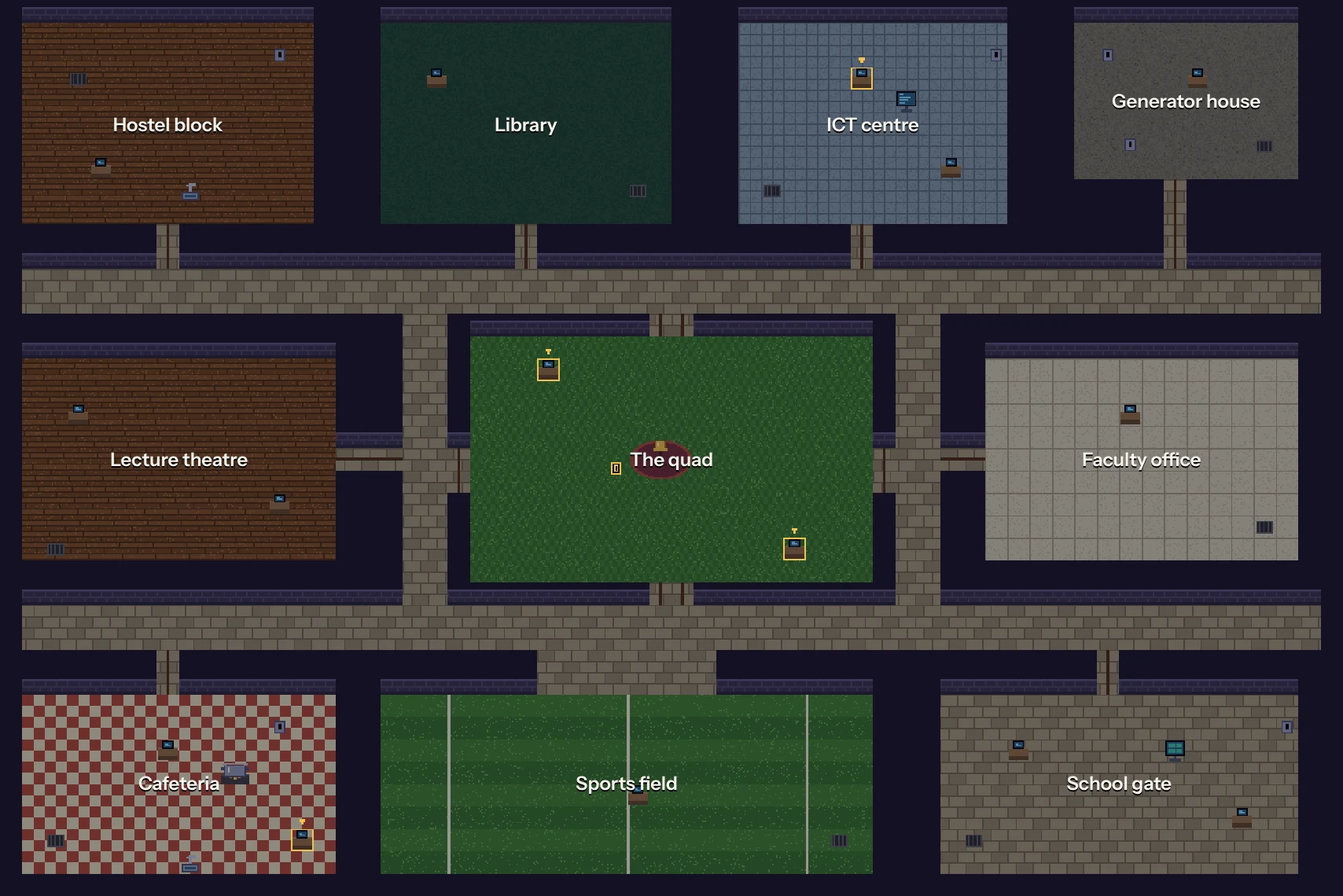 Mama’s Pot’s university map in 8-bit: hostel block, library, ICT centre, generator house, lecture theatre, the quad, faculty office, cafeteria, sports field and school gate