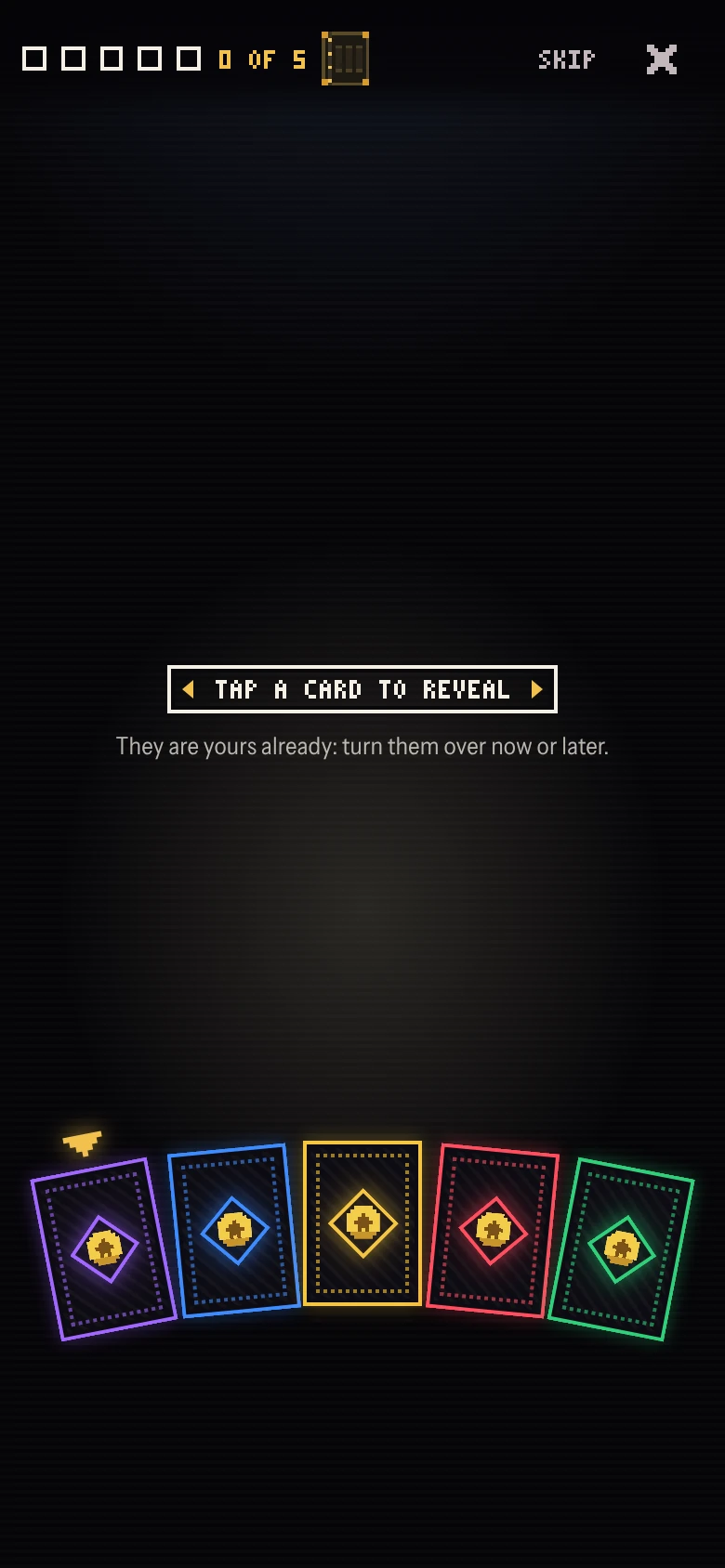 A pack opened: five cards dealt face down in a fan, tap a card to reveal