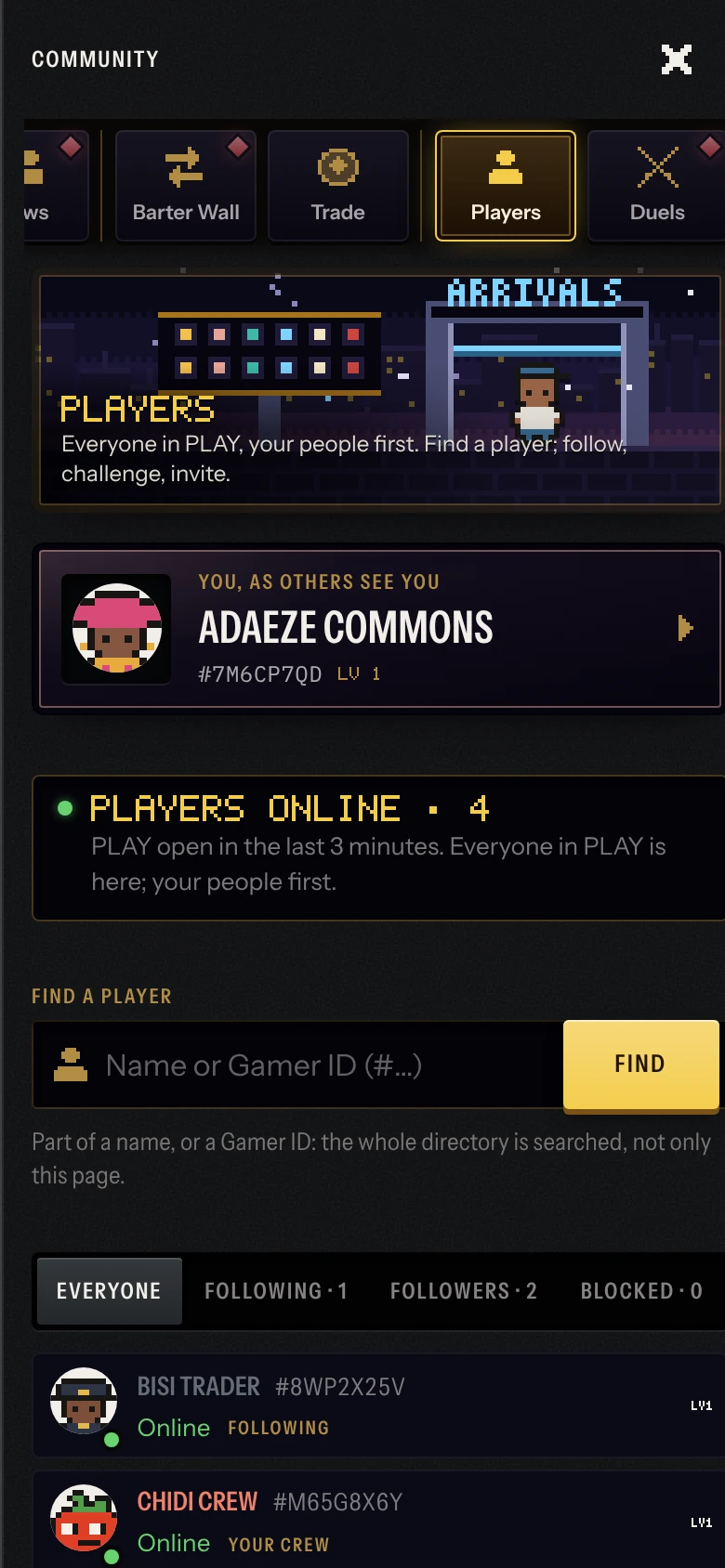 Players: the arrivals gate, the player as others see them, and who is online