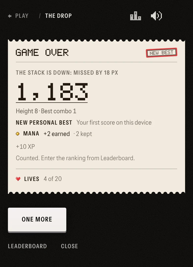 PLAY’s score slip at the end of a run: game over, the score, a new best stamped in red, the lives left