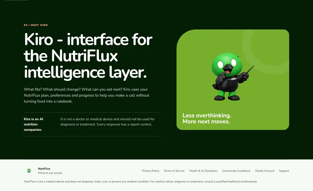 Live NutriFlux website section introducing Kiro