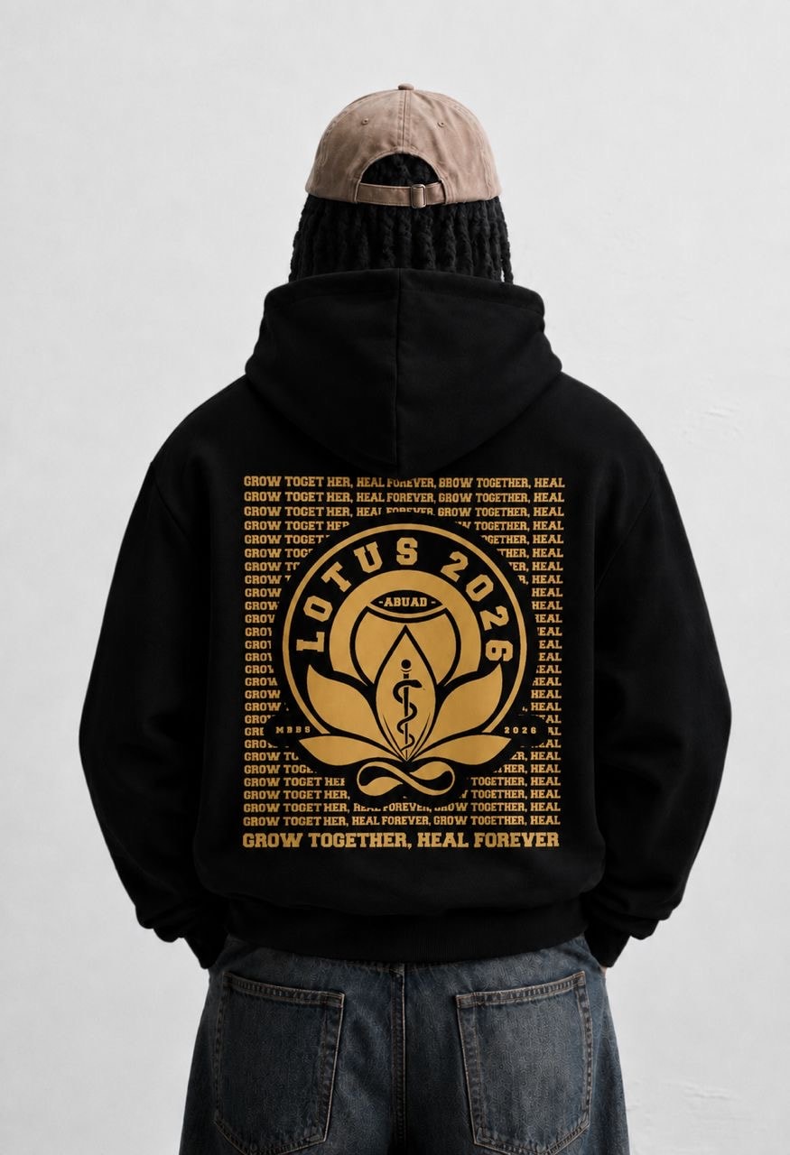 Lotus ’26 hoodie, black, back: the LOTUS 2026 ABUAD seal over repeated “Grow together, heal forever”