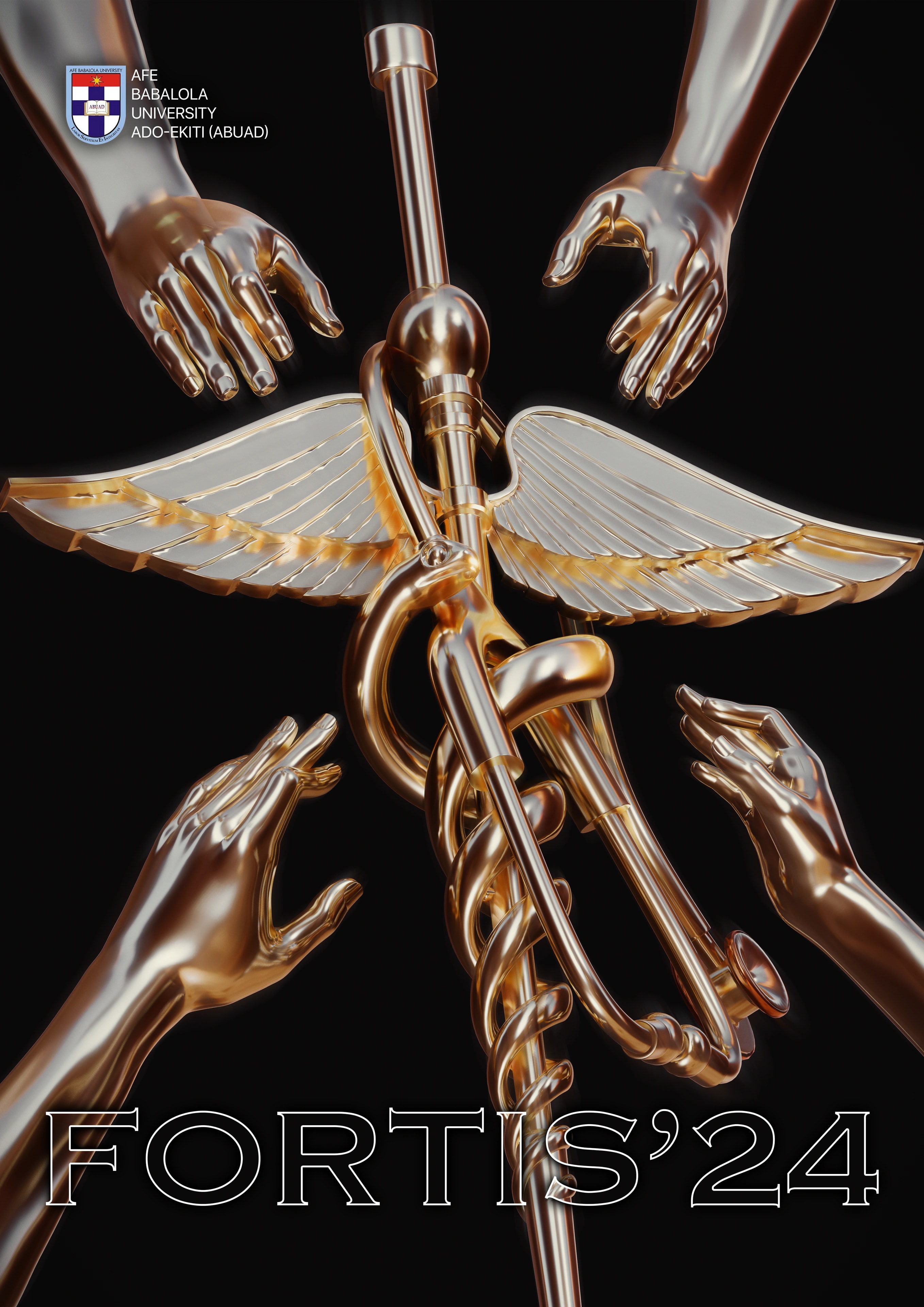 Fortis ’24 Yearbook — cover: chrome hands reaching for a gold caduceus, wings and stethoscope; FORTIS’24 in outline type, ABUAD crest