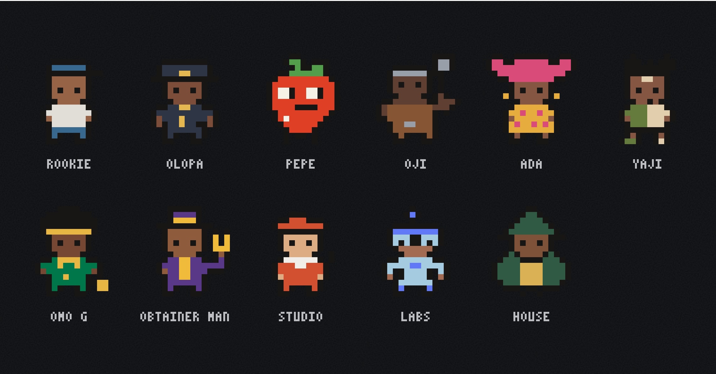 DZND PLAY's eleven Directors in 8-bit, each named in pixel type: Rookie, Olopa, Pepe, Oji, Ada, Yaji, OMO G, Obtainer Man, Studio, Labs and House